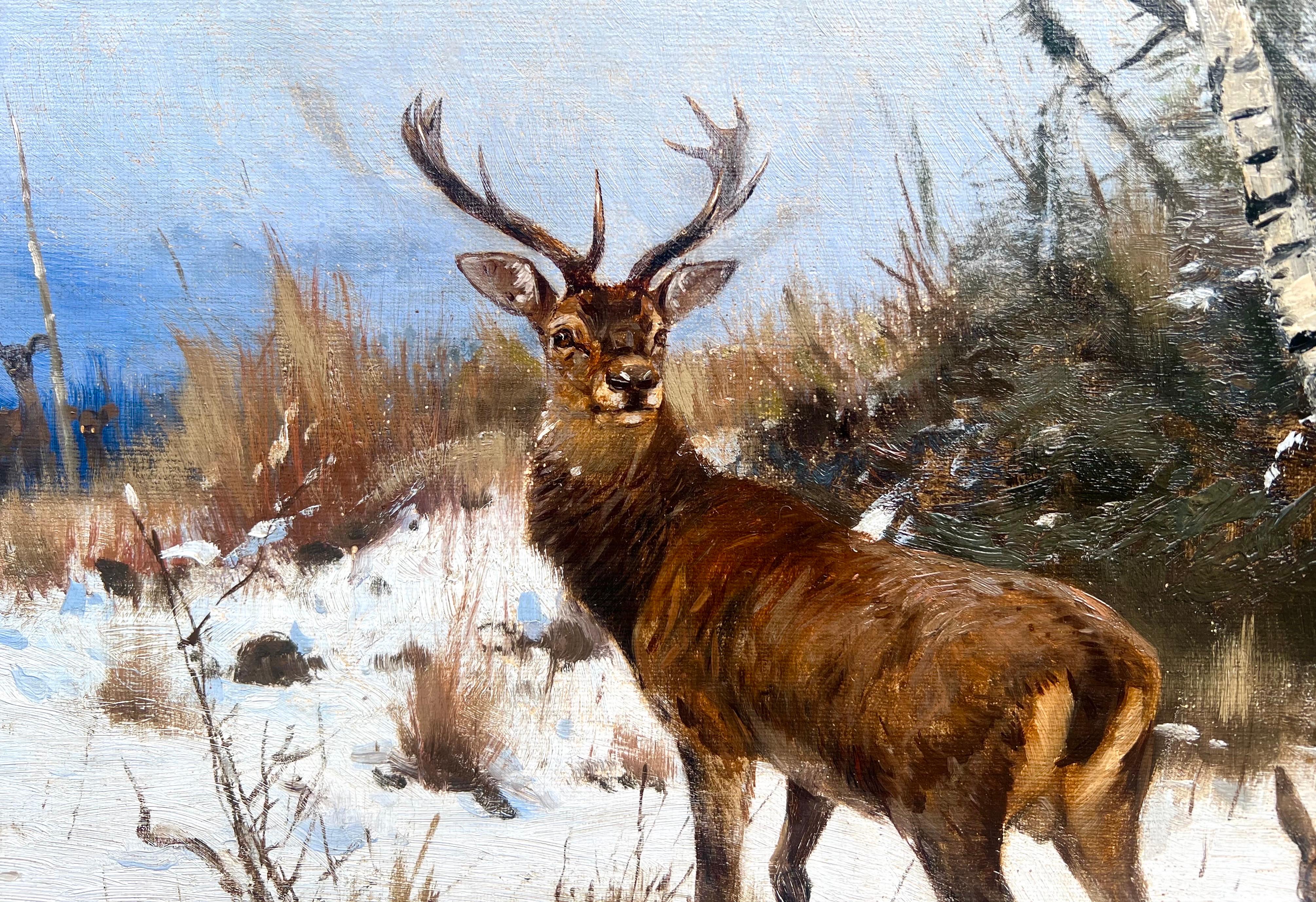 Gemälde der Hirschfamilie in einer Waldlandschaft aus dem 19. Jahrhundert – Romantische Hirschgeweihe (Blau), Animal Painting, von Wilhelm Kuhnert