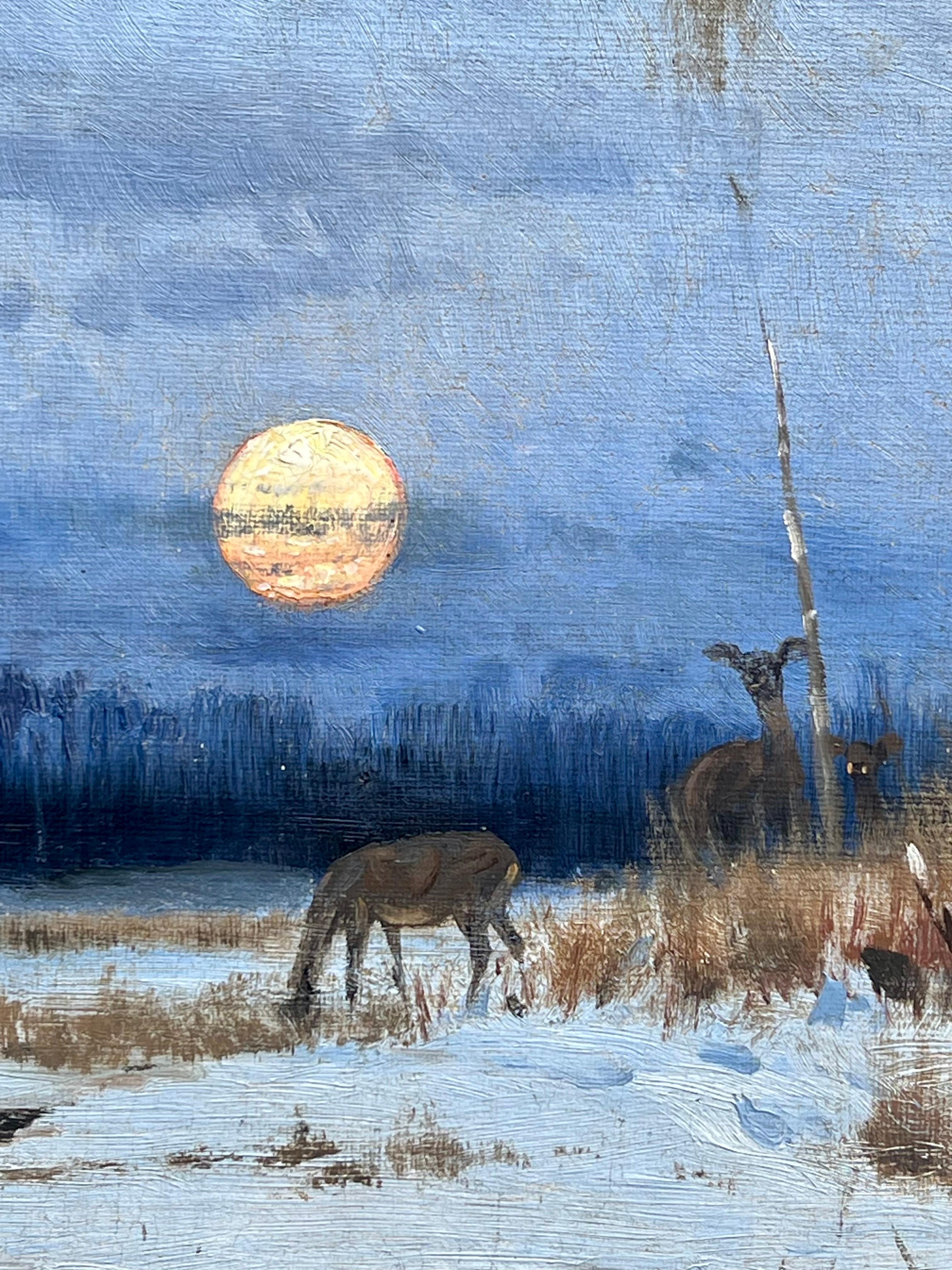 Deutsches romantisches Gemälde aus dem 19. Jahrhundert von Wilhelm Kühnert mit einer Hirschfamilie in einem verschneiten Wald

Ein majestätischer Hirsch steht wachend am Rande einer sonnenüberfluteten Lichtung, seinen Blick fest auf den des