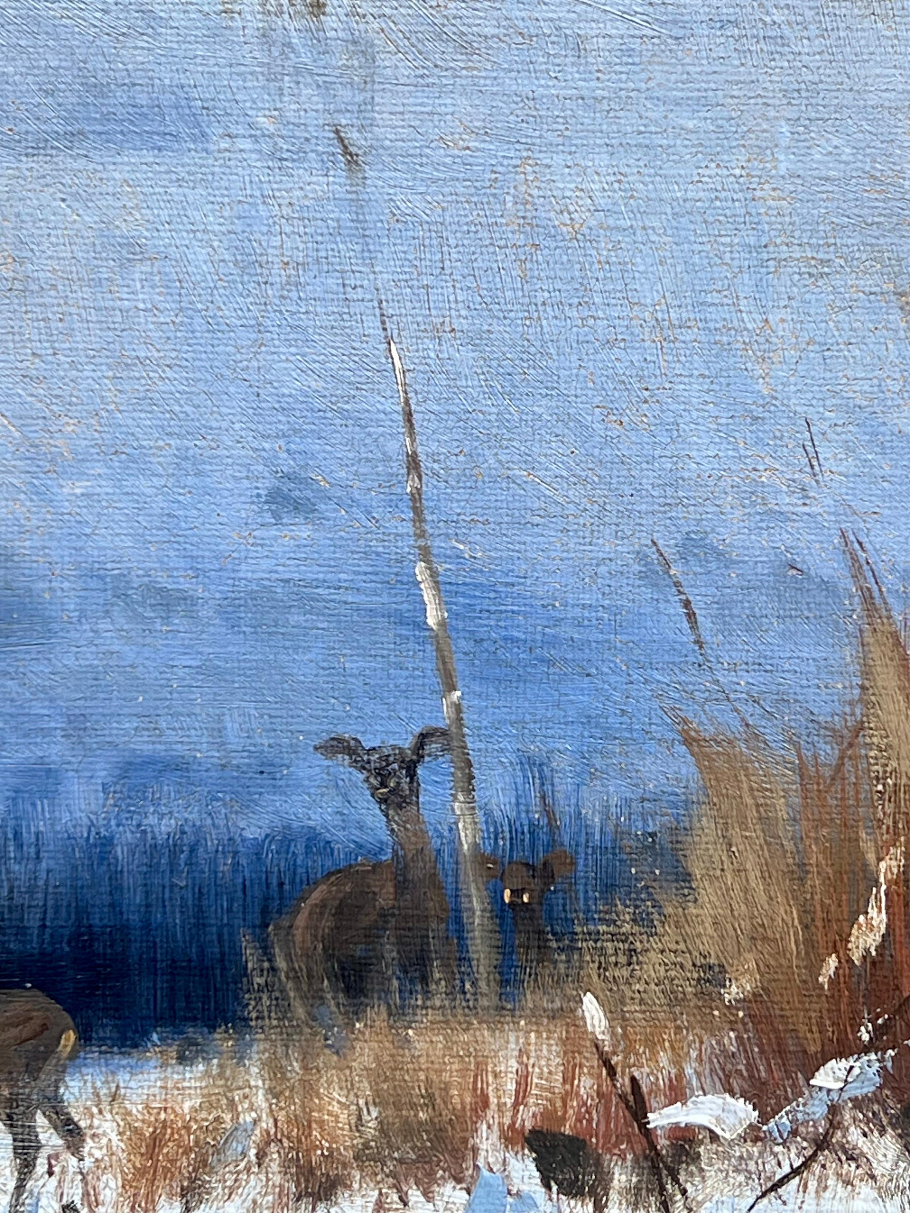 Gemälde der Hirschfamilie in einer Waldlandschaft aus dem 19. Jahrhundert – Romantische Hirschgeweihe im Angebot 1
