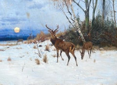 Dipinto del XIX secolo Famiglia di cervi in un paesaggio forestale - Cervo romantico