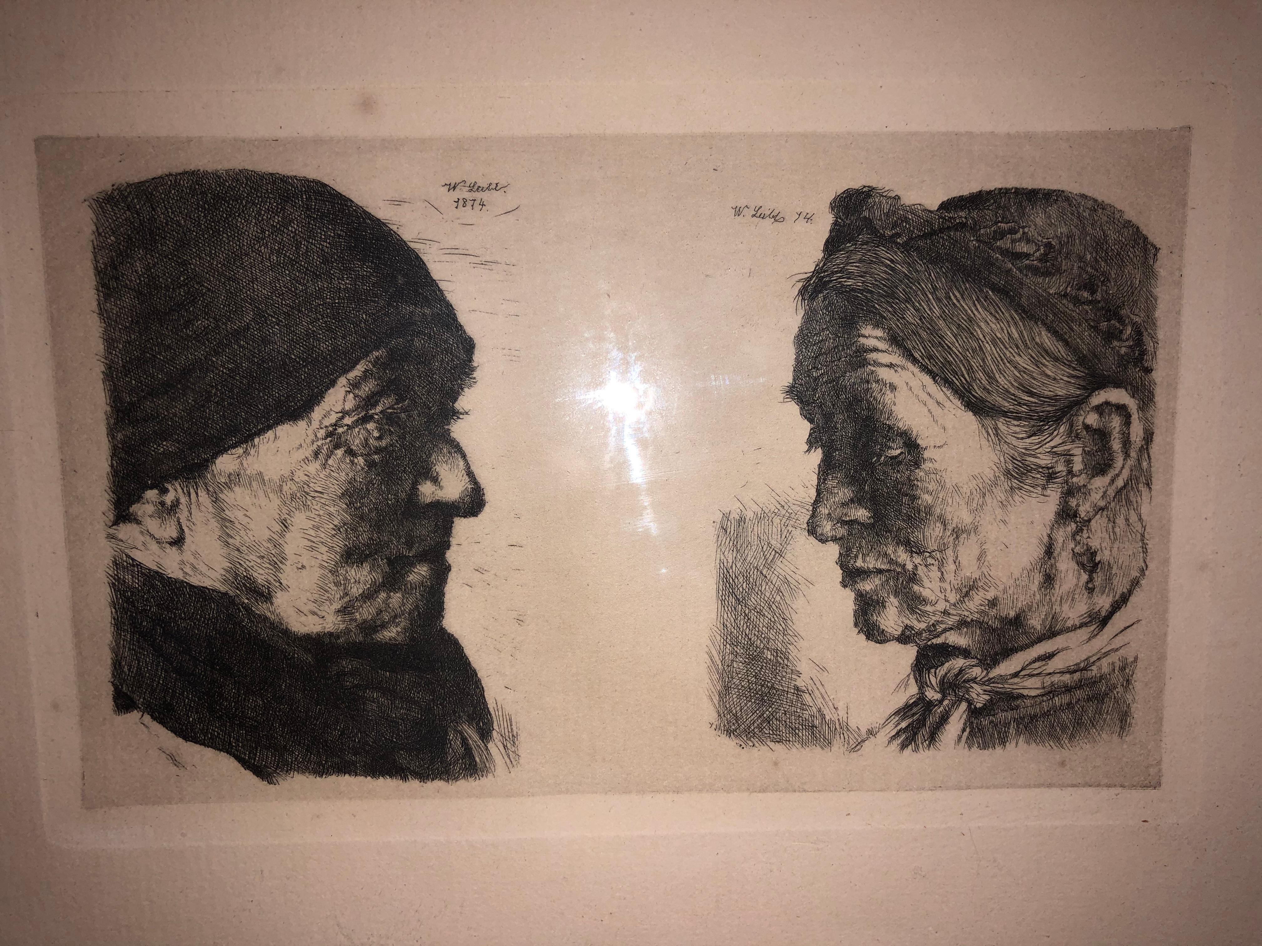Wilhelm Leibl: 1844-1900. Well listed German artist. He has had auction results over $360,000 for paintings and over $3800 for a print. It’s beautiful at tune of two peasant women measures 6 inches wide by 3 3/4 inches high. The frame measures 10