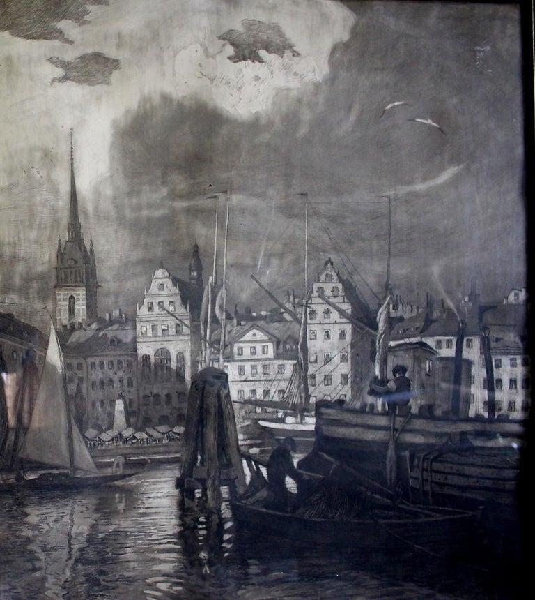 Wilhelm Pupy Radierung von Stockholm, datiert 1926. Schöne Radierung in gutem Vintage-Zustand, einfacher Originalrahmen. 
 