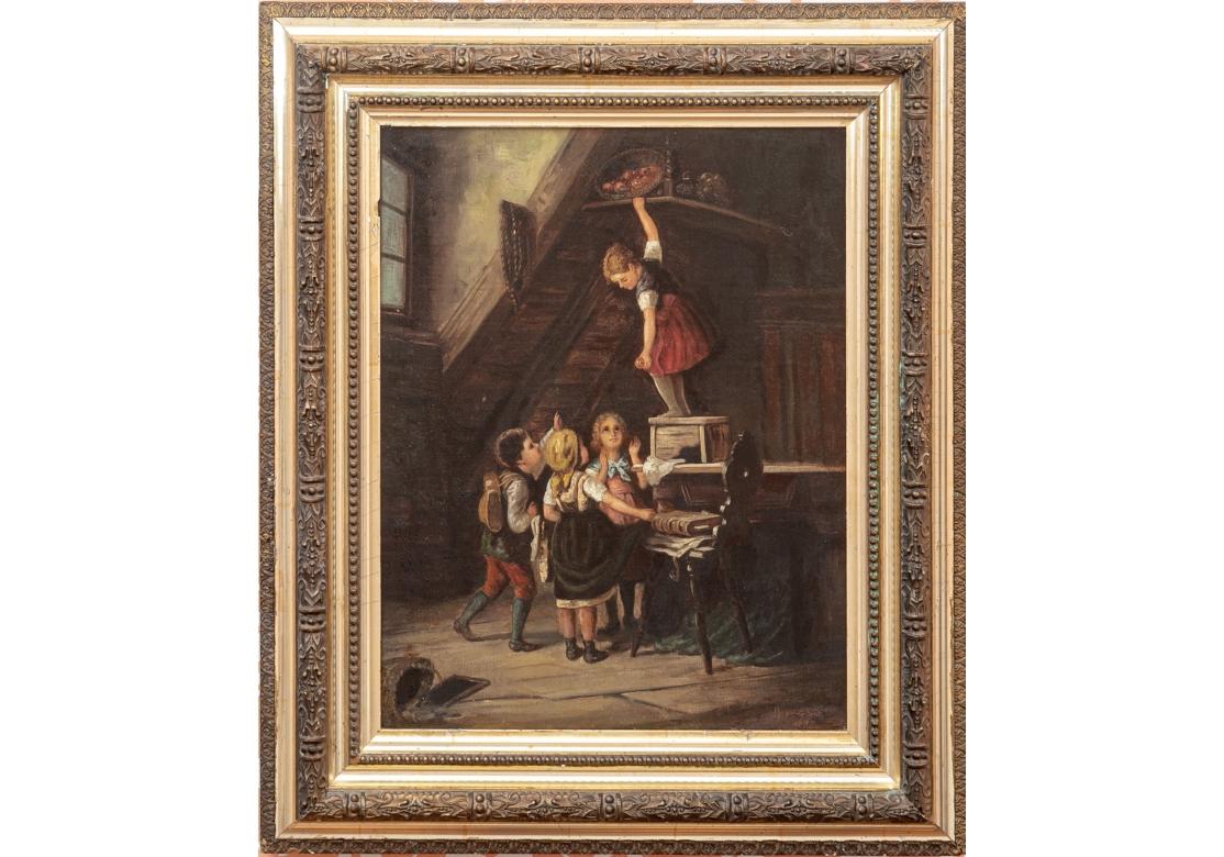 Oil on canvas depicting a genre painting with a young girl that has climbed atop a bench over a table to reach the basket of apples and pass them down to the awaiting reaching children. One little girl holds her skirt open to catch.
Wilhelm Roegge,