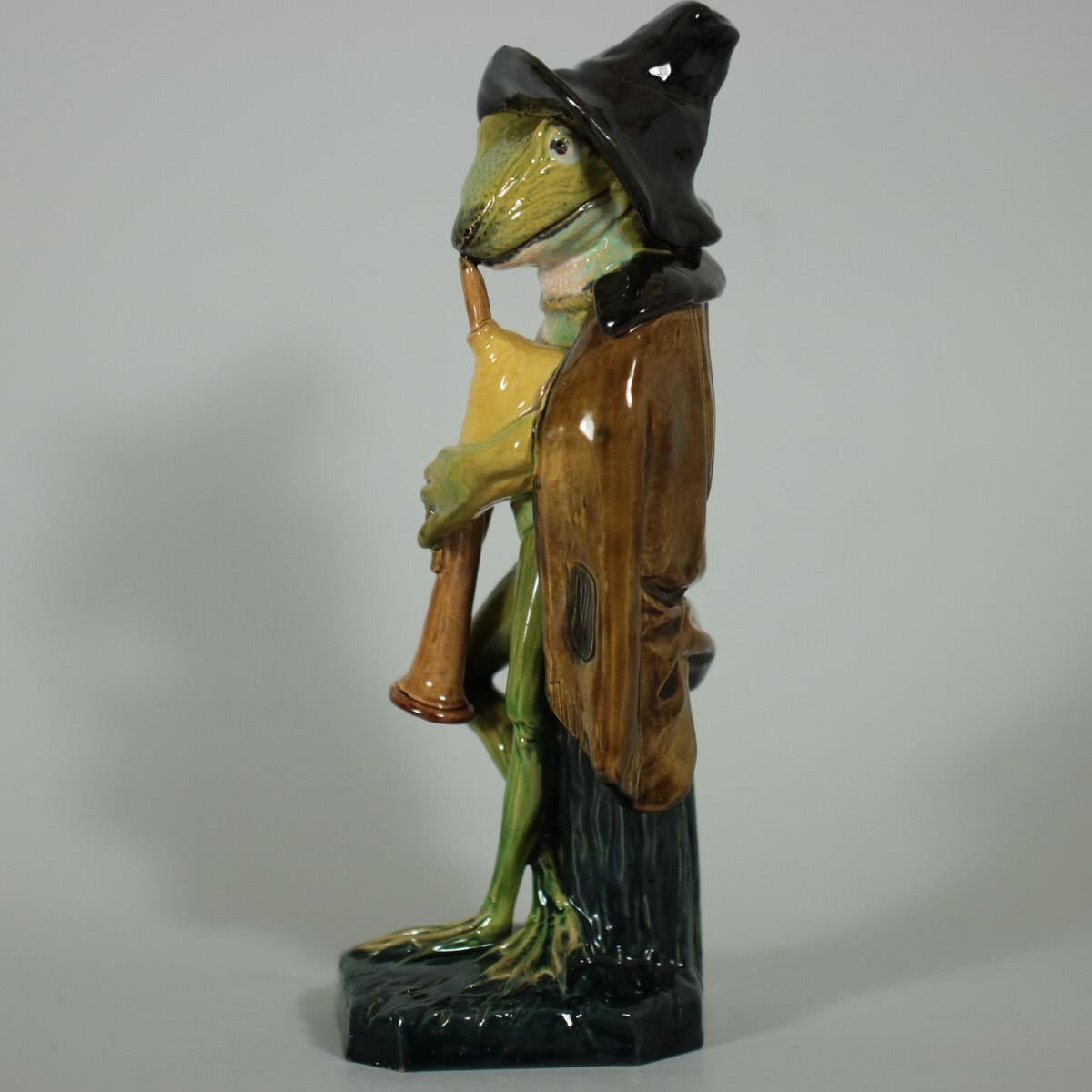 German Wilhelm Schiller Majolica Frog Playing Bagpipes Figure