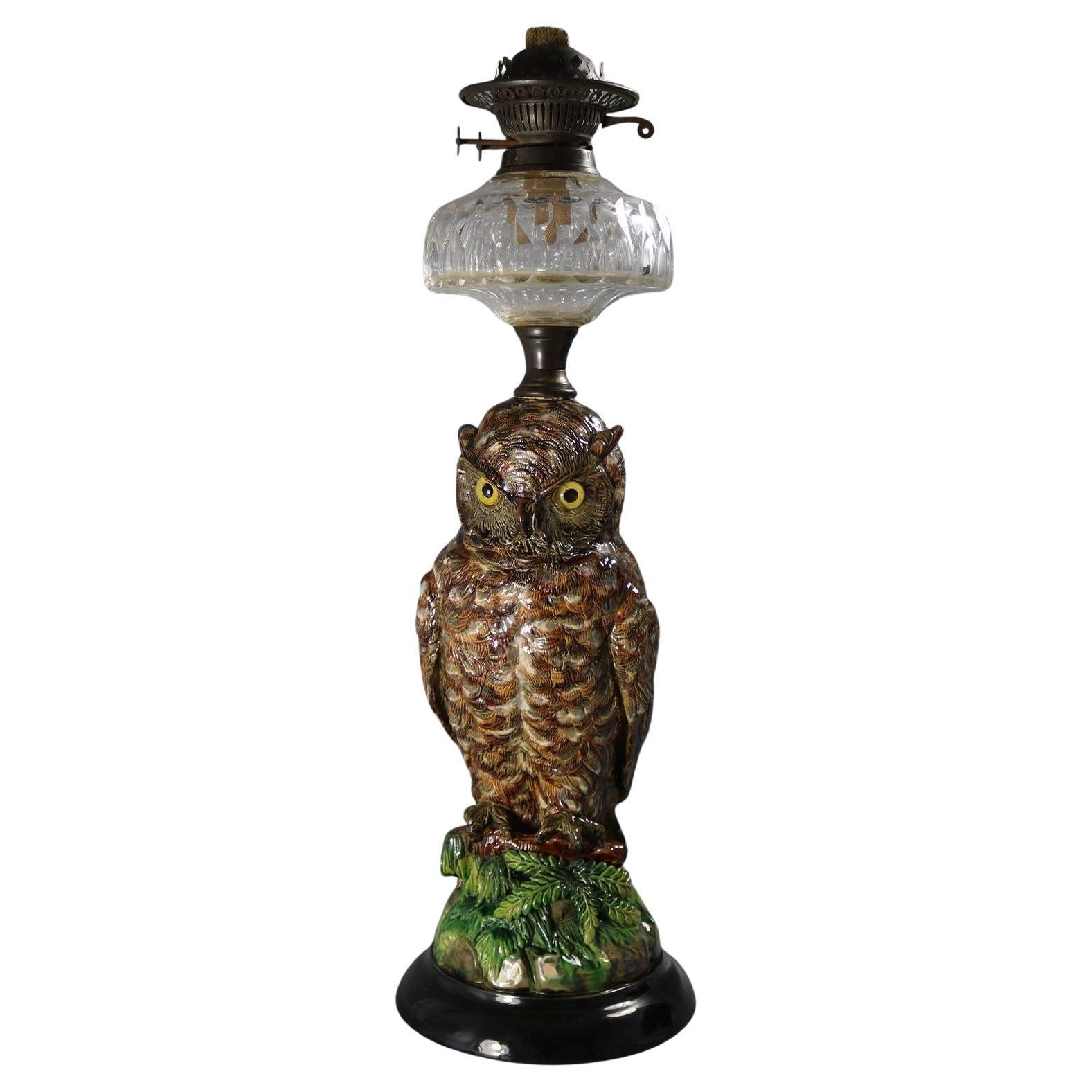 Wilhelm Schiller Majolica Owl Figural Lamp