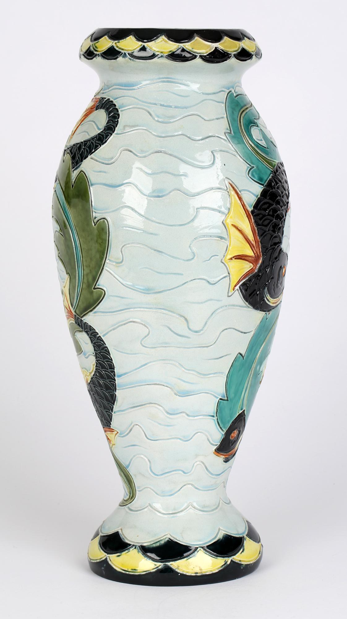 Wilhelm Schiller & Son Tall Majolica Art Pottery Vase with Fish For Sale 4