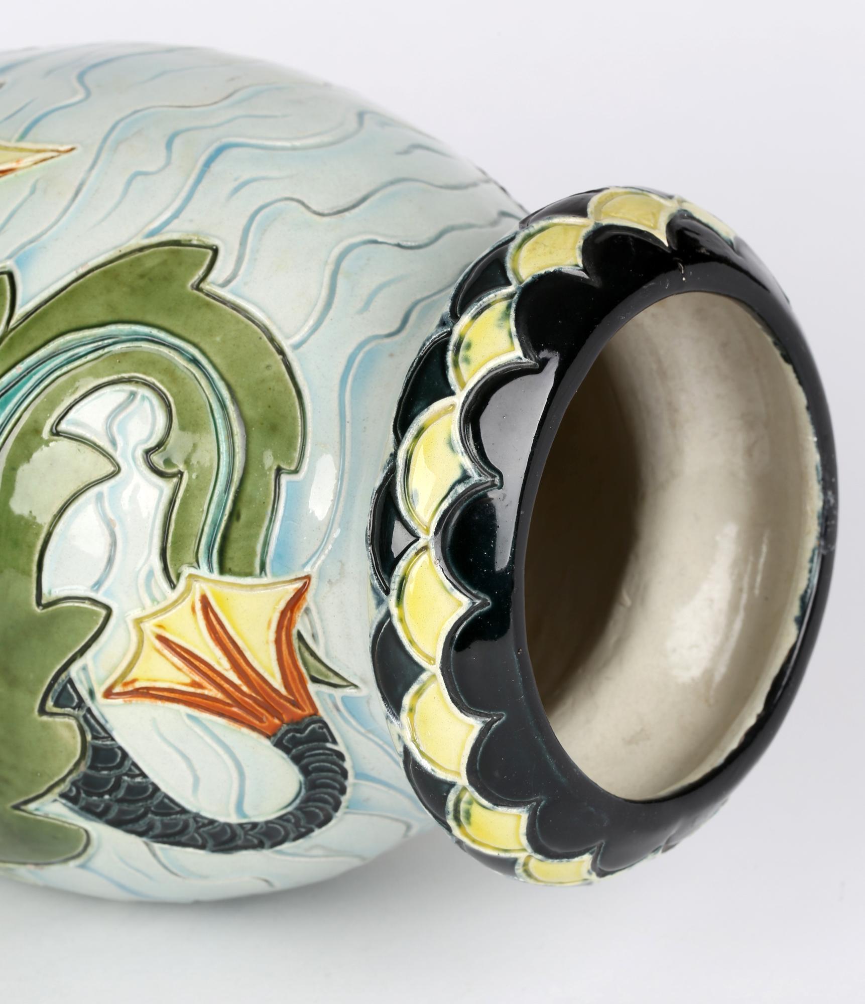 Wilhelm Schiller & Son Tall Majolica Art Pottery Vase with Fish 5