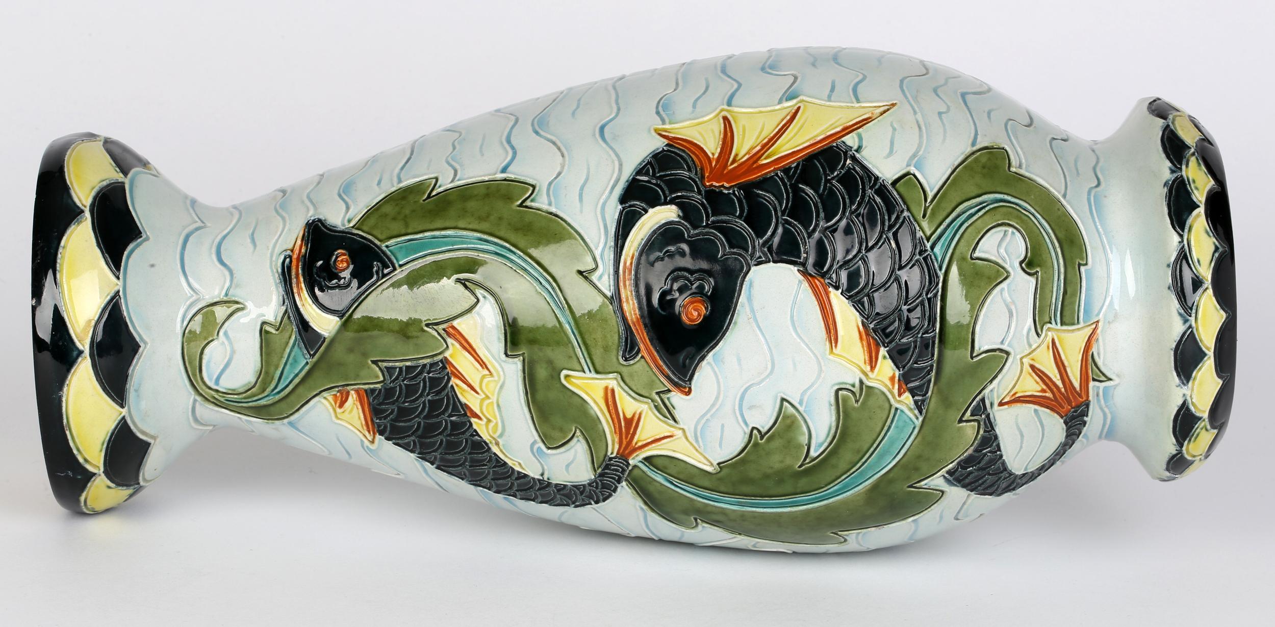 Wilhelm Schiller & Son Tall Majolica Art Pottery Vase with Fish 7