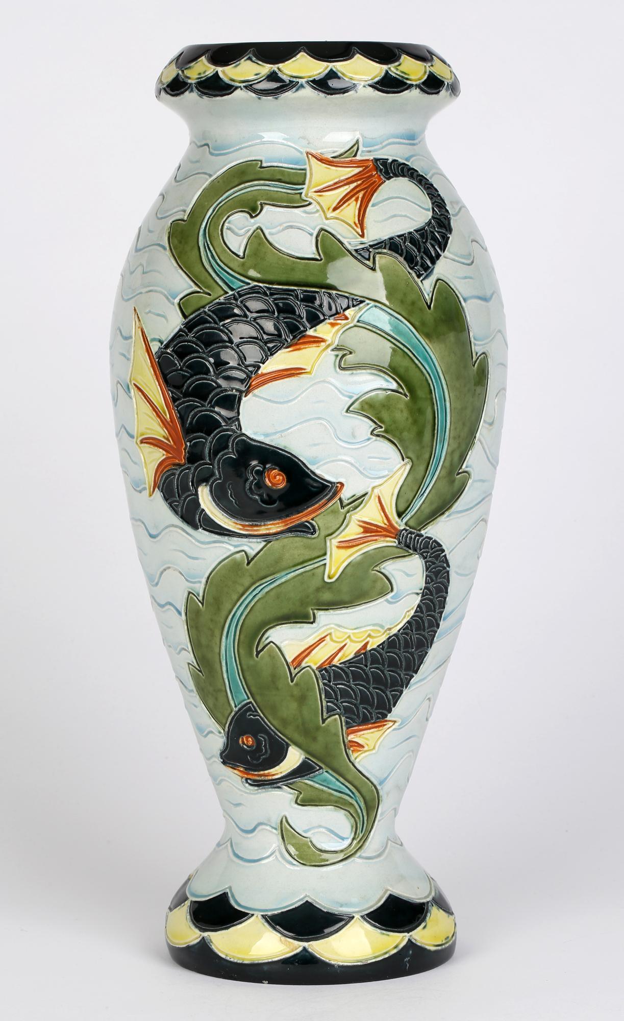 Wilhelm Schiller & Son Tall Majolica Art Pottery Vase with Fish For Sale 8