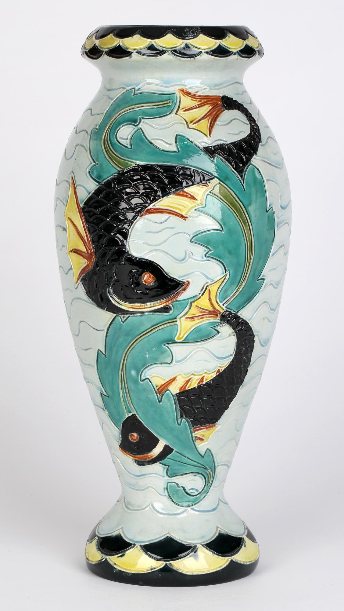 Austrian Wilhelm Schiller & Son Tall Majolica Art Pottery Vase with Fish For Sale