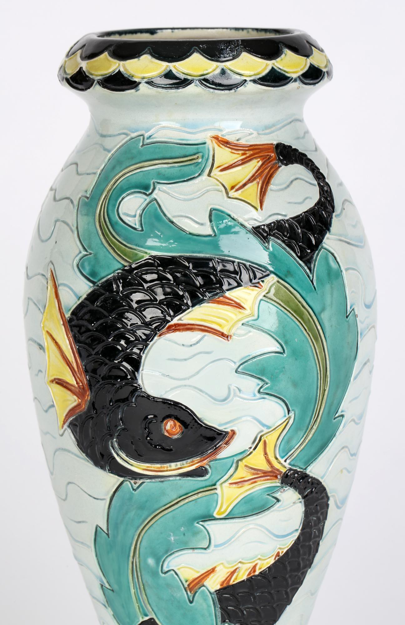Hand-Painted Wilhelm Schiller & Son Tall Majolica Art Pottery Vase with Fish For Sale