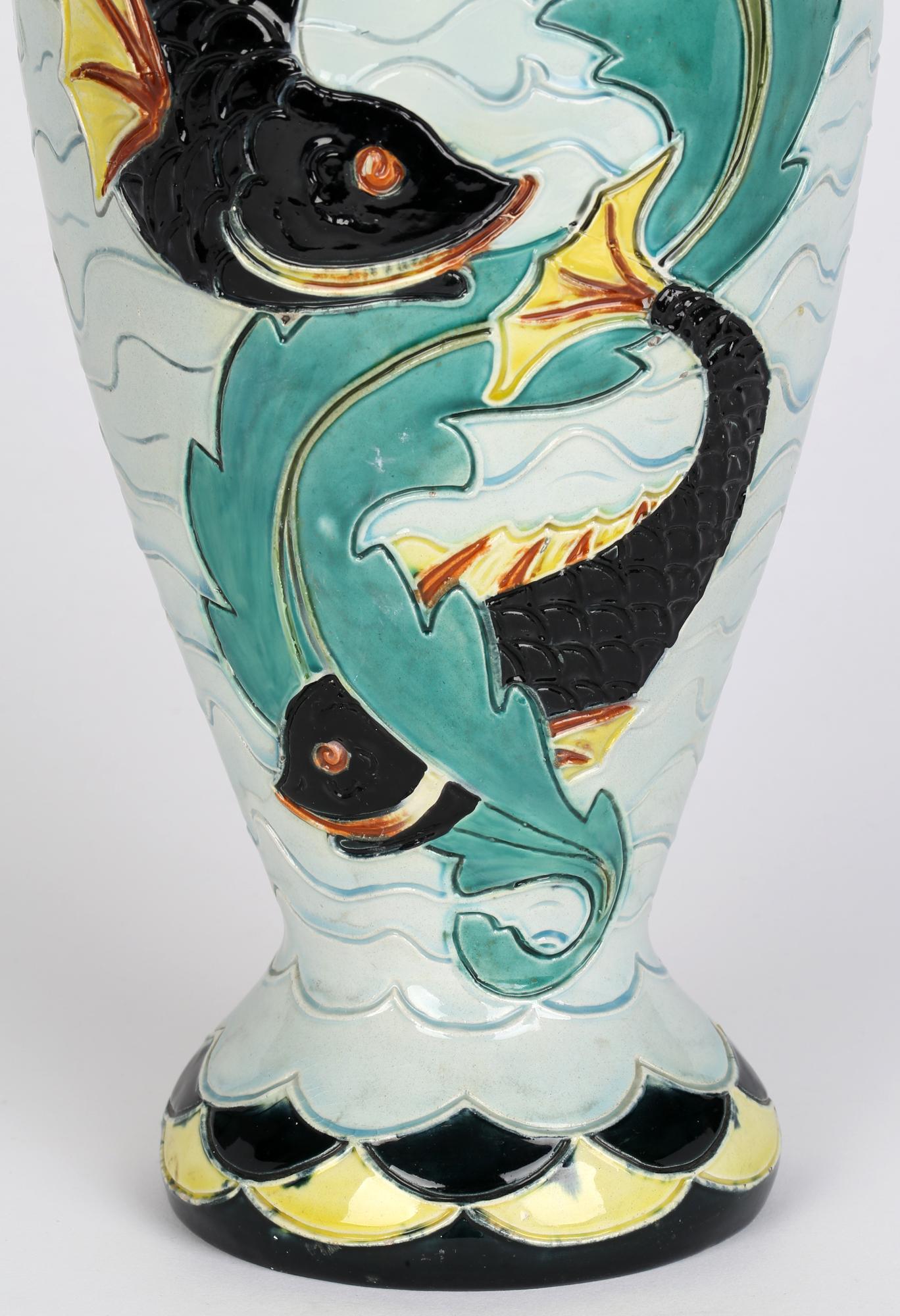 Late 19th Century Wilhelm Schiller & Son Tall Majolica Art Pottery Vase with Fish For Sale
