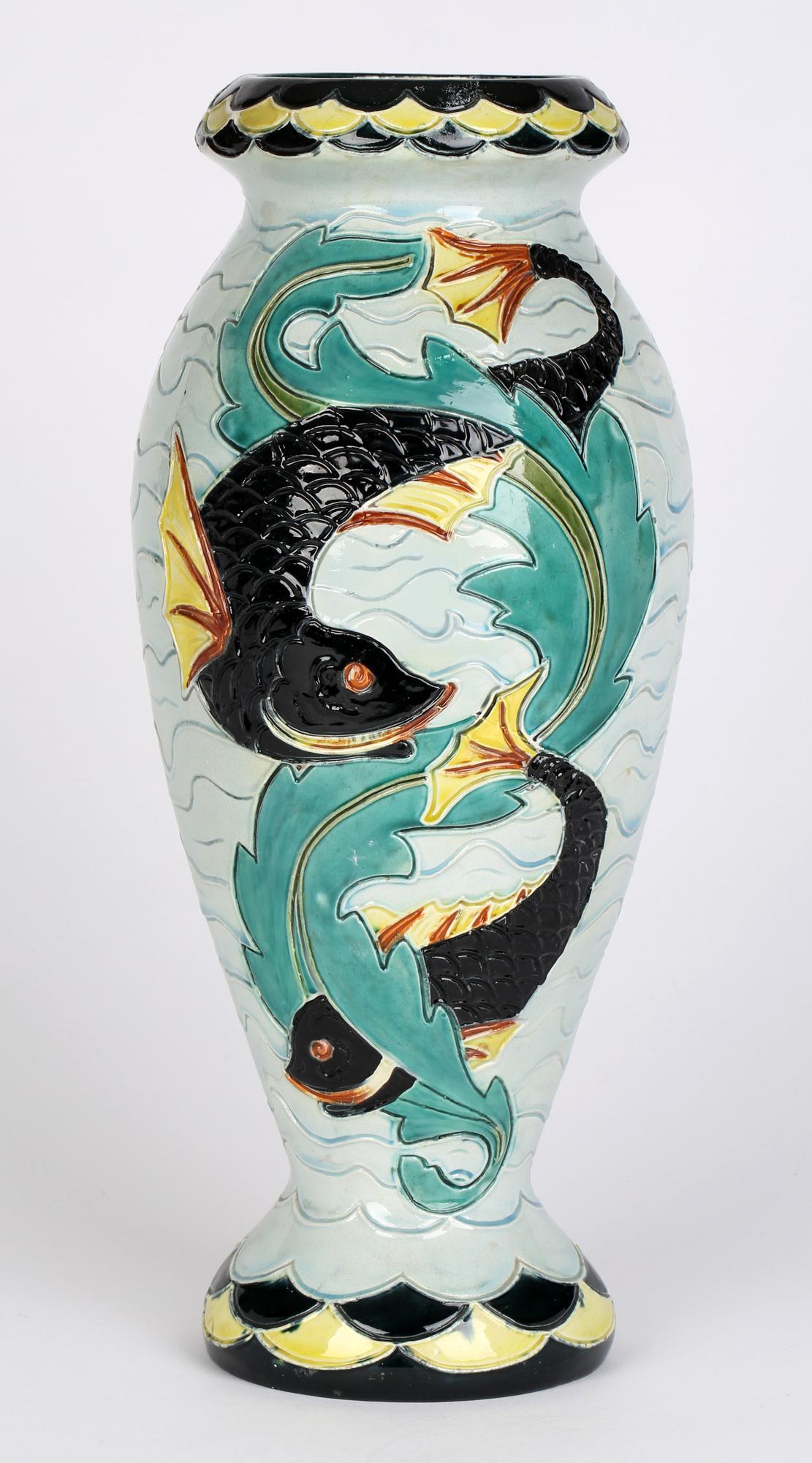 Earthenware Wilhelm Schiller & Son Tall Majolica Art Pottery Vase with Fish For Sale