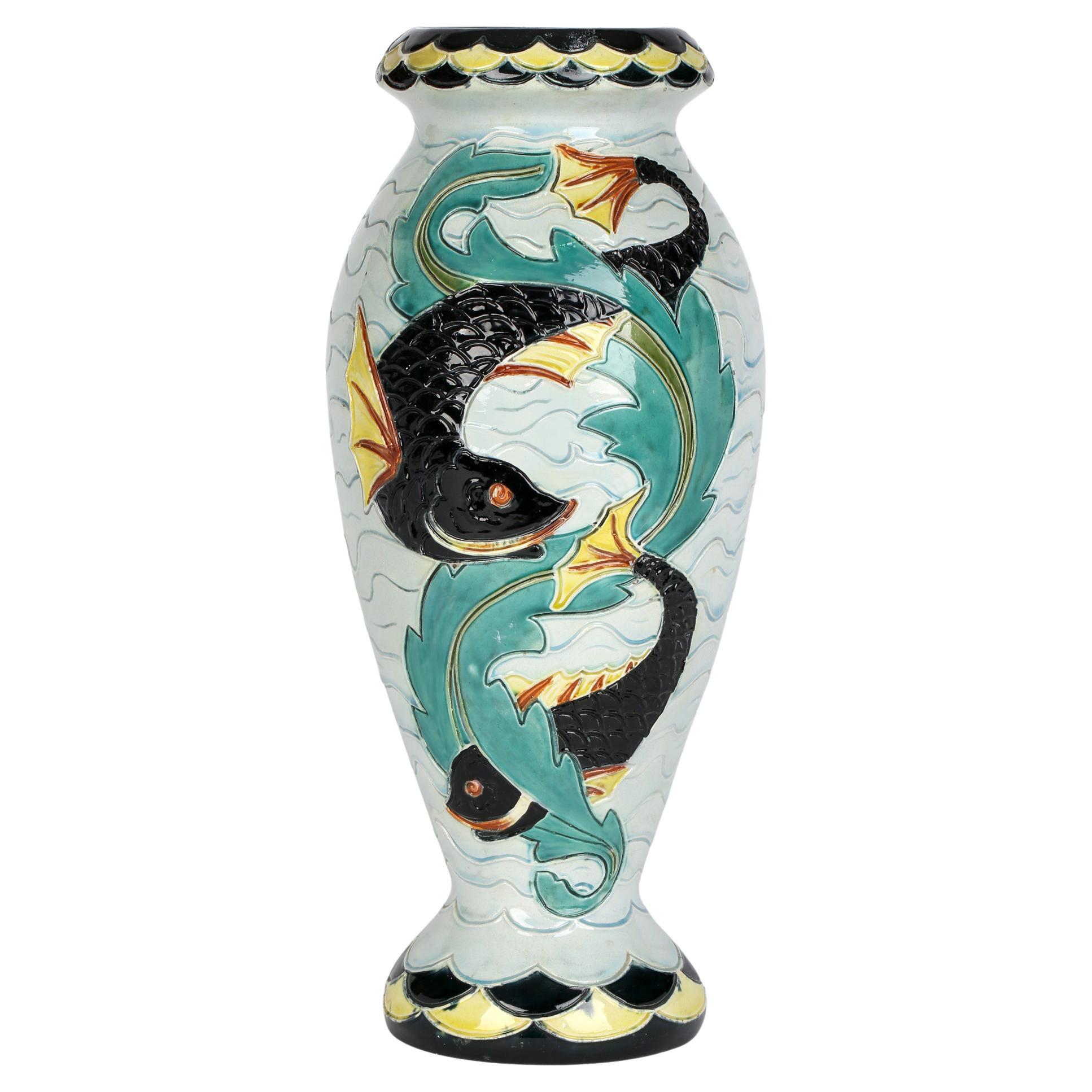 Wilhelm Schiller & Son Tall Majolica Art Pottery Vase with Fish