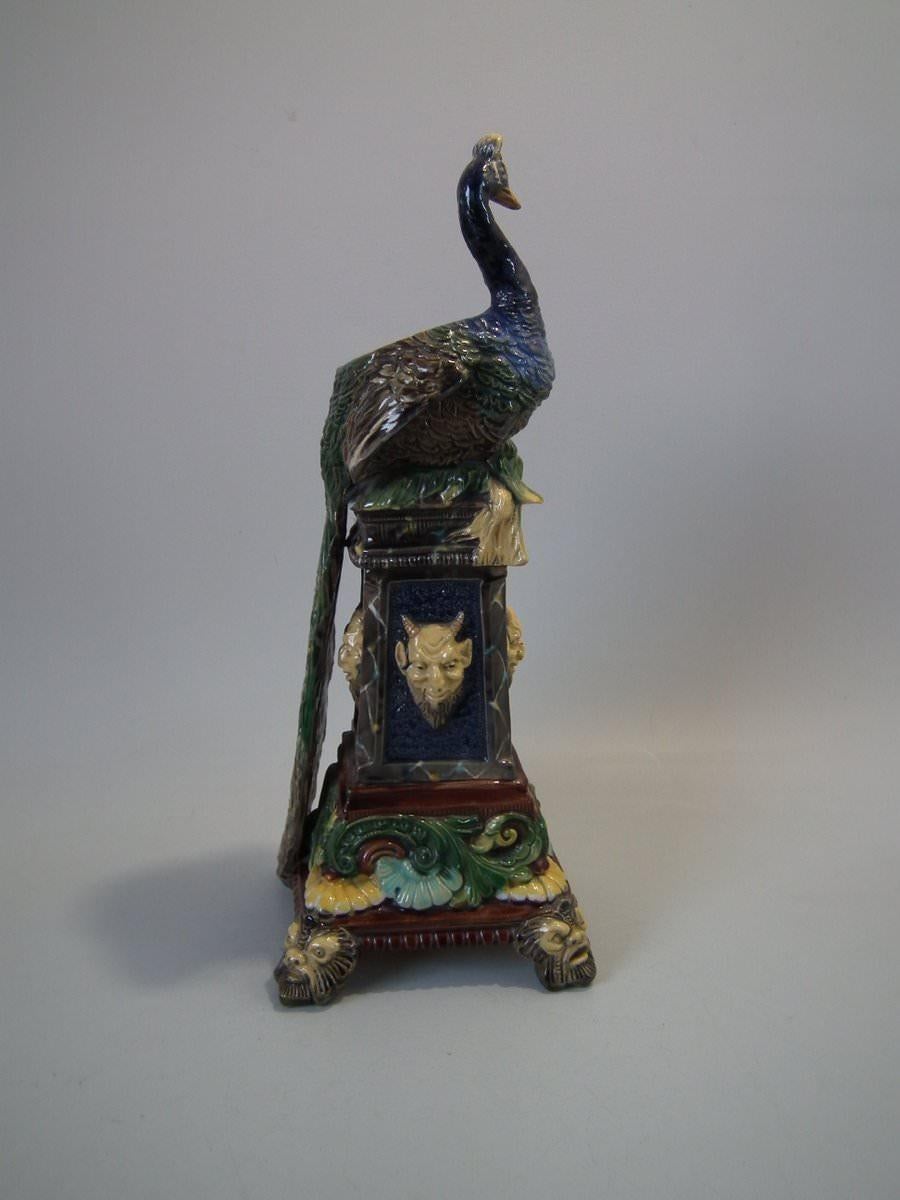 Victorian Wilhelm Schiller & Sons Majolica Peacock Vase For Sale