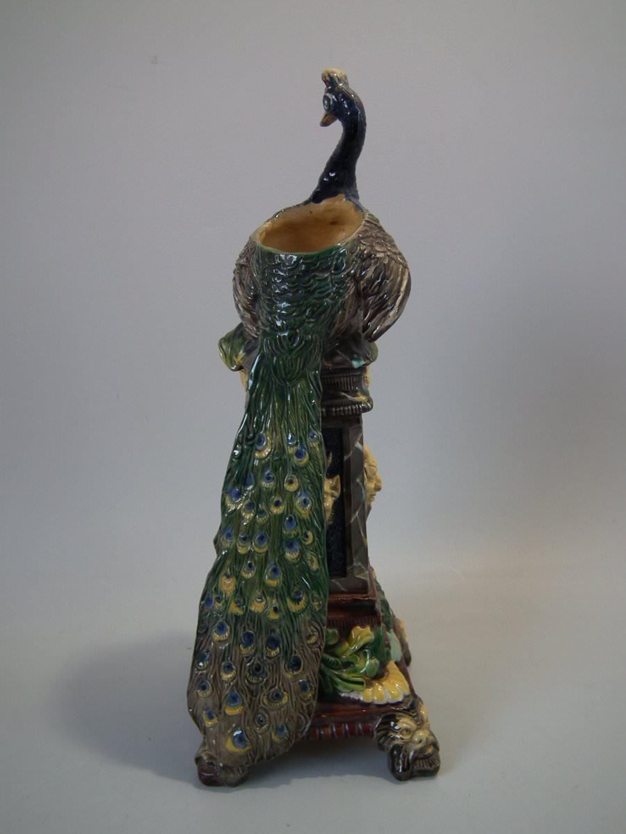 German Wilhelm Schiller & Sons Majolica Peacock Vase For Sale