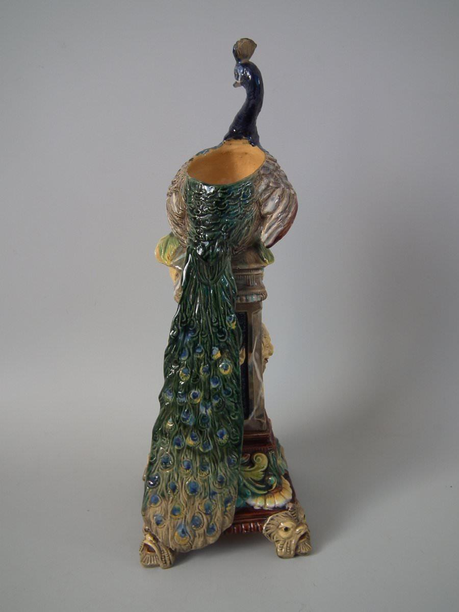 German Wilhelm Schiller & Sons Majolica Peacock Vase For Sale