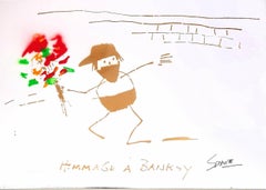 Hommage à Banksy (avec des fleurs orange, rouges et vertes, 30% DE RÉDUCTION DU PRIX DE LISTE)