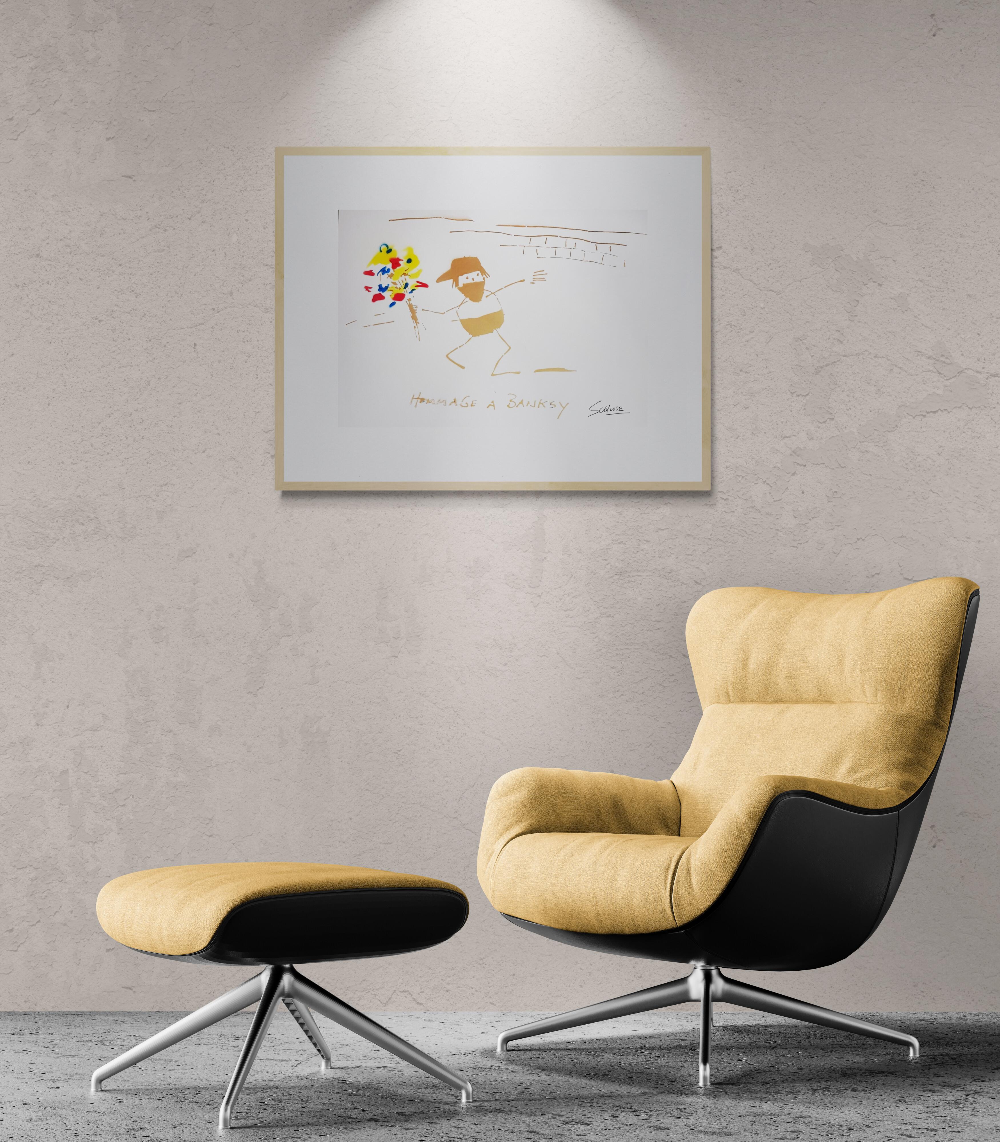 Hommage à Banksy (with yellow, blue and red Flowers, 30% OFF LIST PRICE) - Street Art Print by Wilhelm Schlote