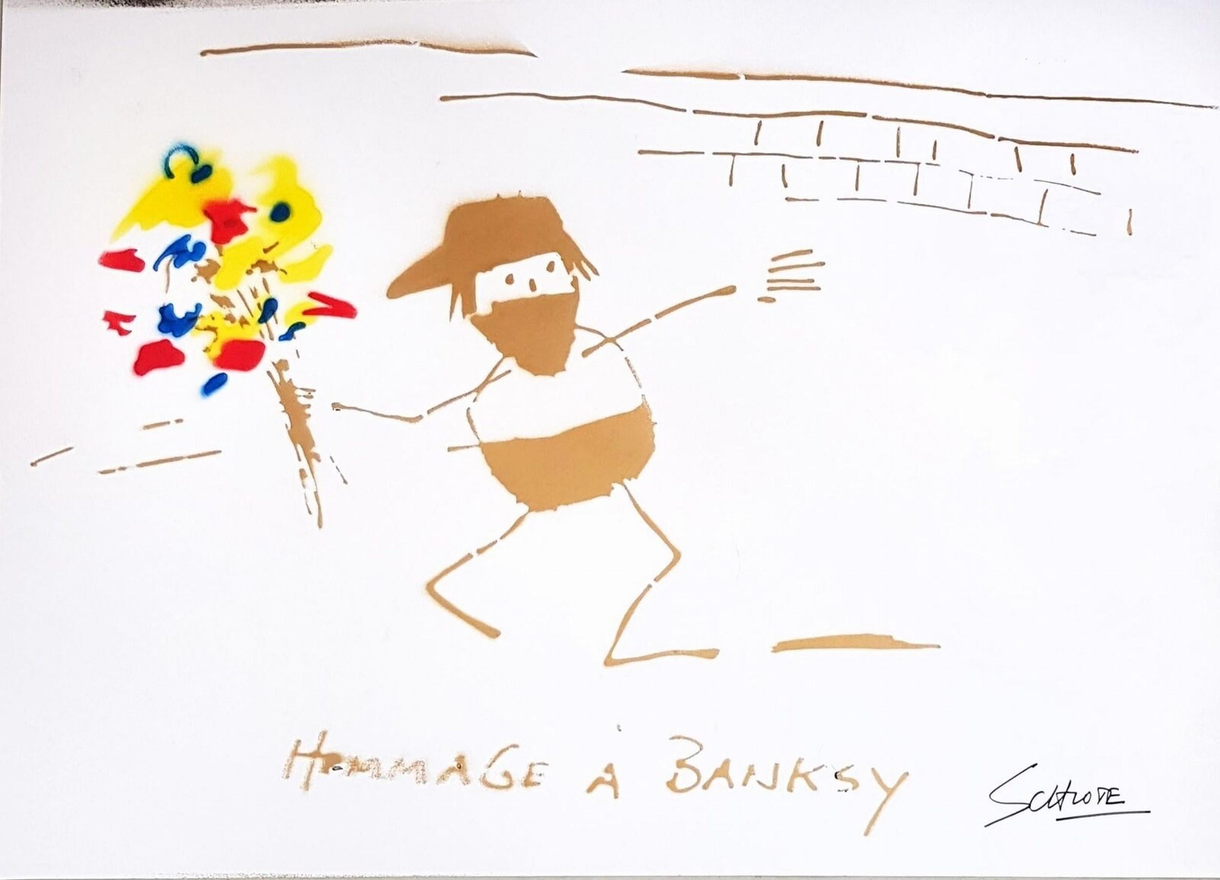 Hommage à Banksy (avec des fleurs jaunes, bleues et rouges, 30% DE RÉDUCTION DU PRIX DE LISTE)