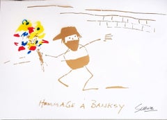 Hommage à Banksy (avec des fleurs jaunes, bleues et rouges, 30% DE RÉDUCTION DU PRIX DE LISTE)