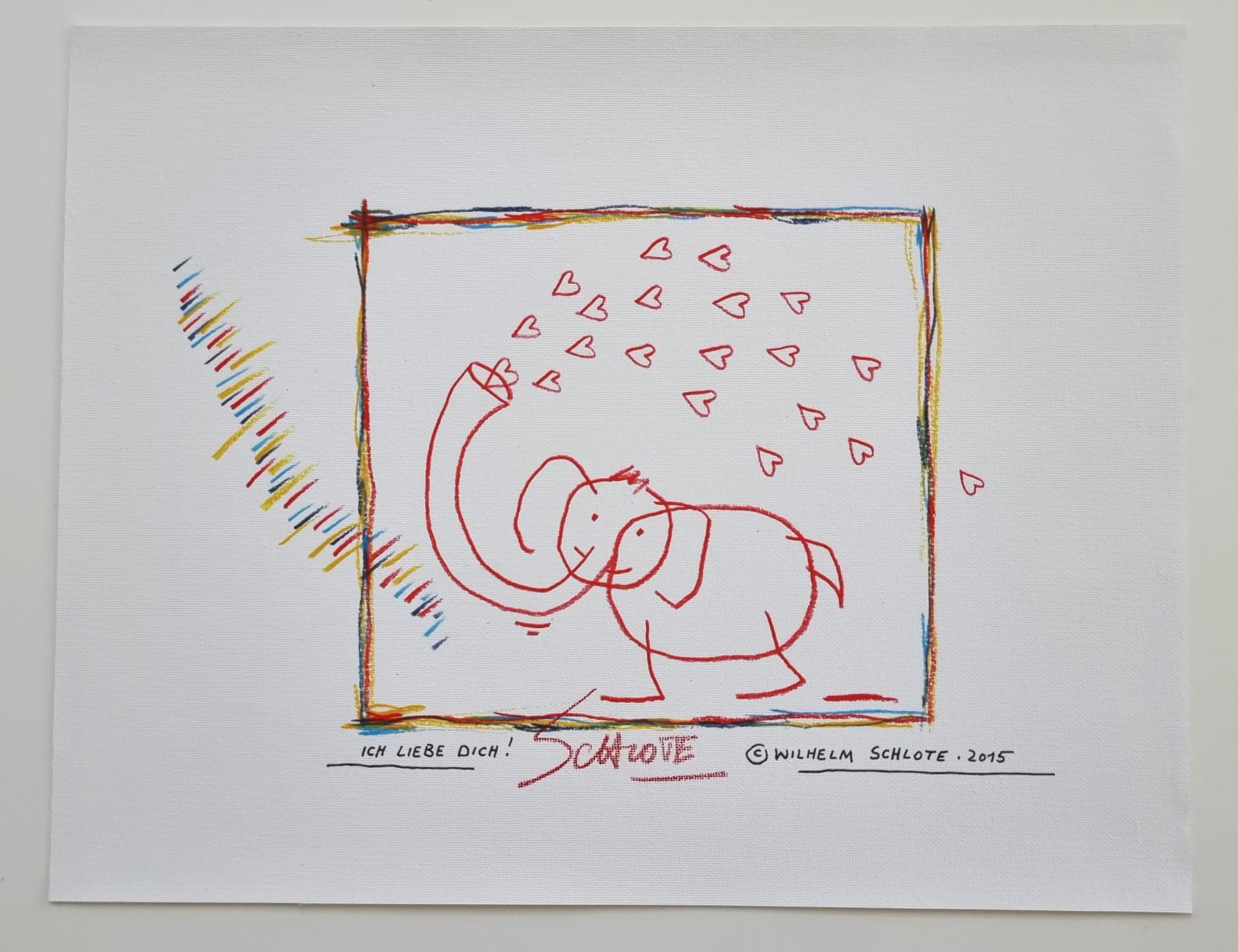 Wilhelm Schlote Figurative Print - I love you (Stick Figure Art, Hearts, Elephant, Playful, Warm, Heartfelt)