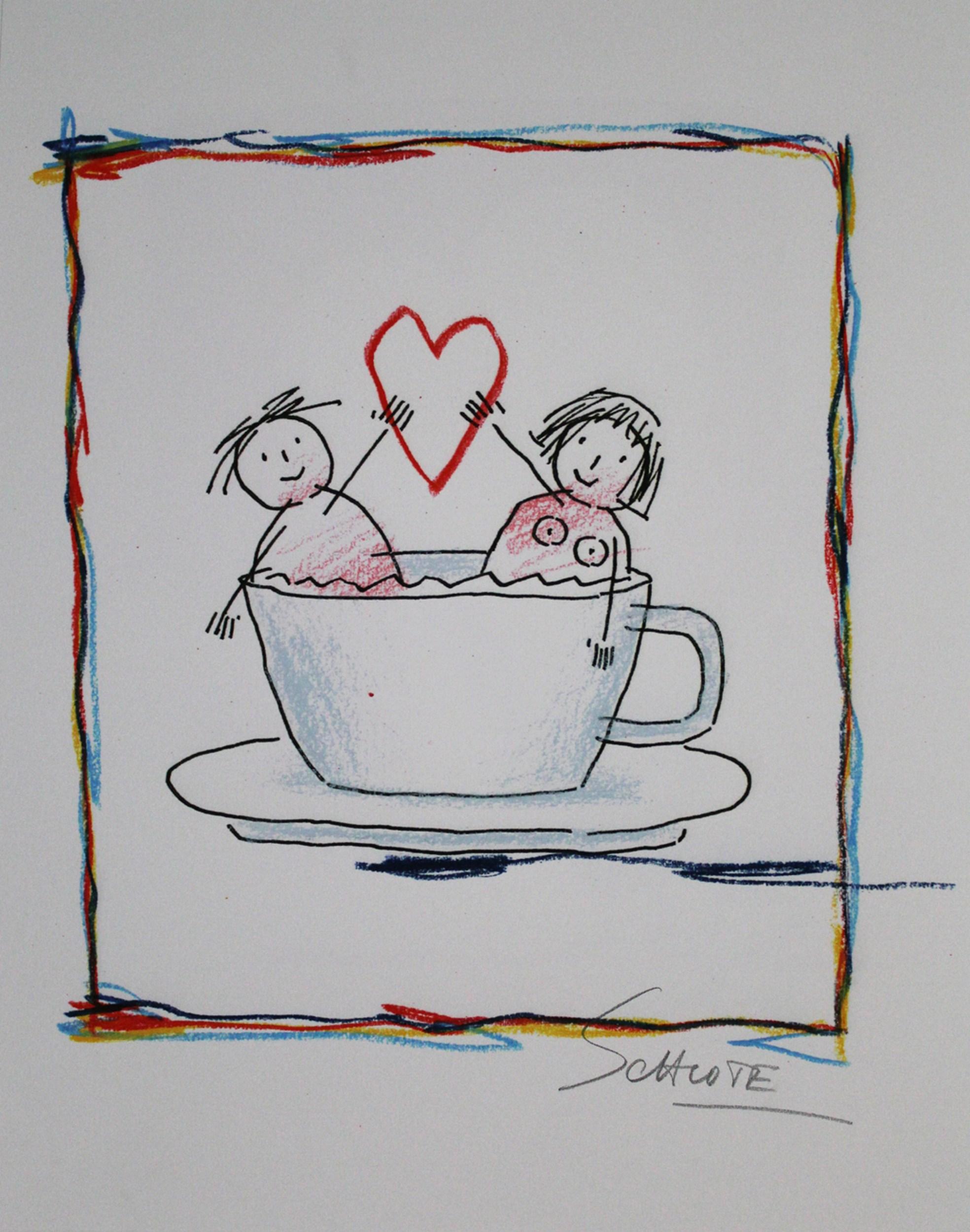 Love in a cup (Stick Figure Art, Heart, Love, Playful, Warm, Heartfelt) - Print by Wilhelm Schlote