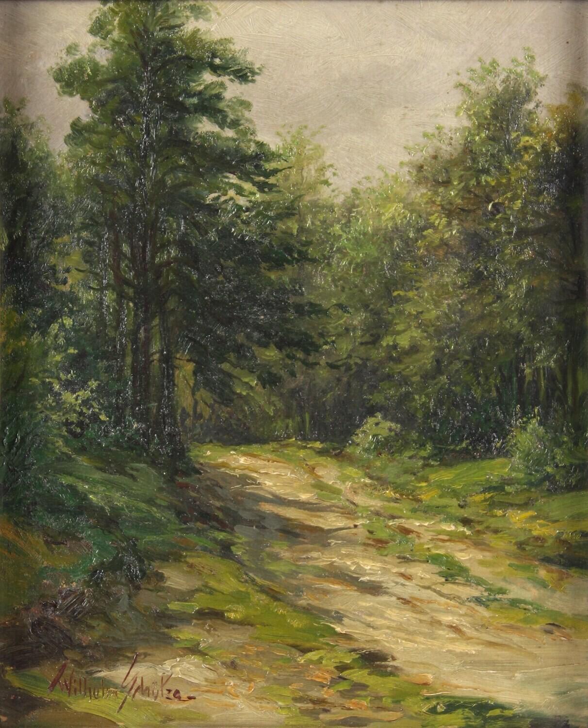 Wilhelm Schütze Landscape Painting – Sunny Woodland path – Ein strahlend beleuchteter Waldweg als Raum der Fantasie –