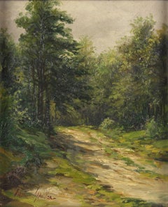 Antique Sunny woodland path - A brightly lit forest path as a space for imagination -