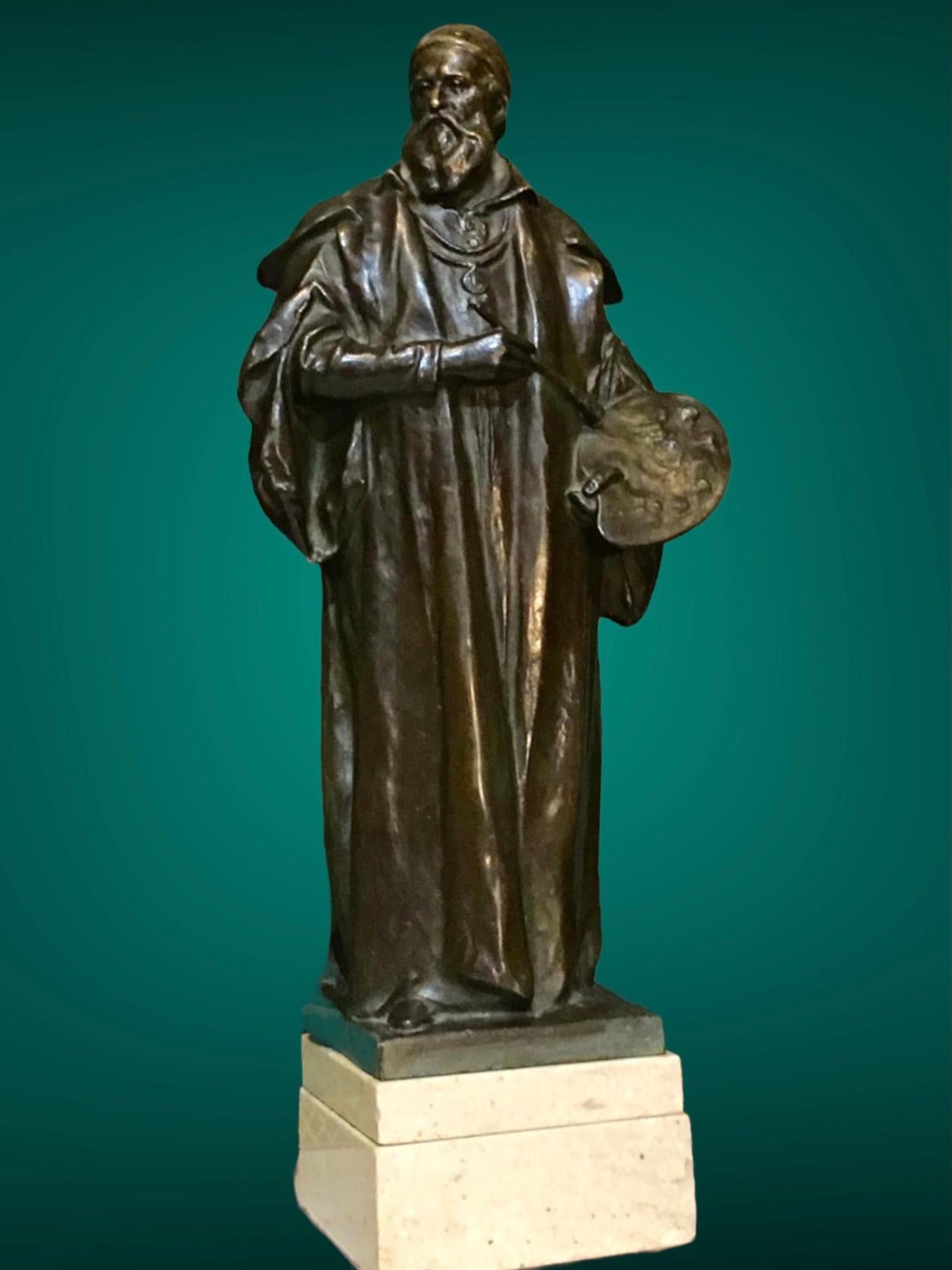Wilhelm Seib Figurative Sculpture - « Titian Painter » Bronze Portrait lost wax cast, by W. Seib , Austrian 
