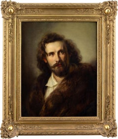 Antique Portrait Of A Gentleman With A Fur Collar, 19th-Century Oil Painting