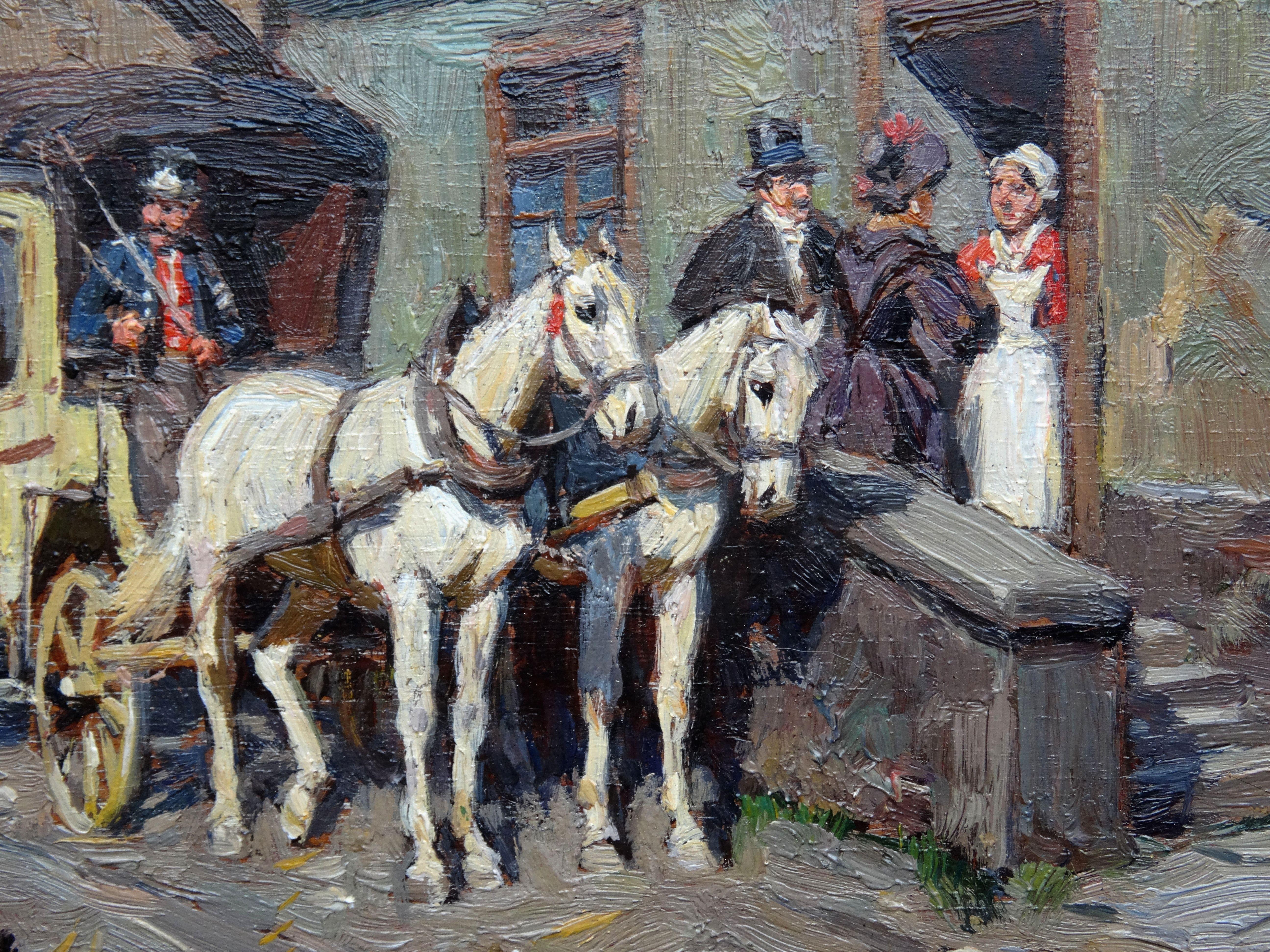 Horses with carriage. Oil on panel. 16.1 x 24.2 cm - Painting by Wilhelm Velten