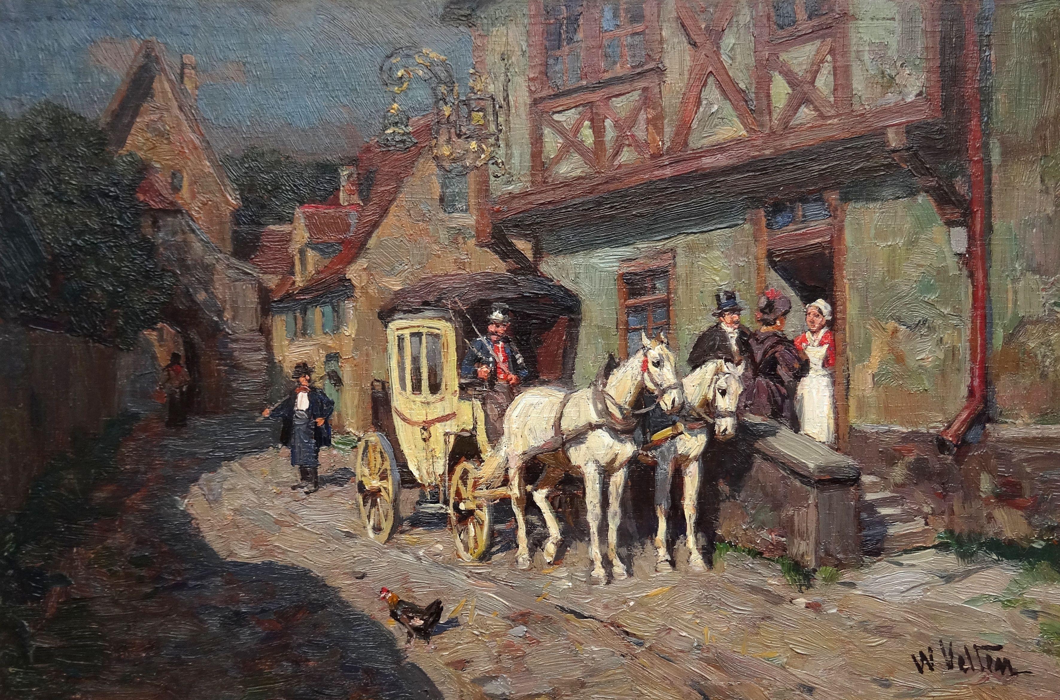 Horses with carriage. Oil on panel. 16.1 x 24.2 cm