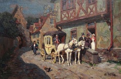 Antique Horses with carriage. Oil on panel. 16.1 x 24.2 cm