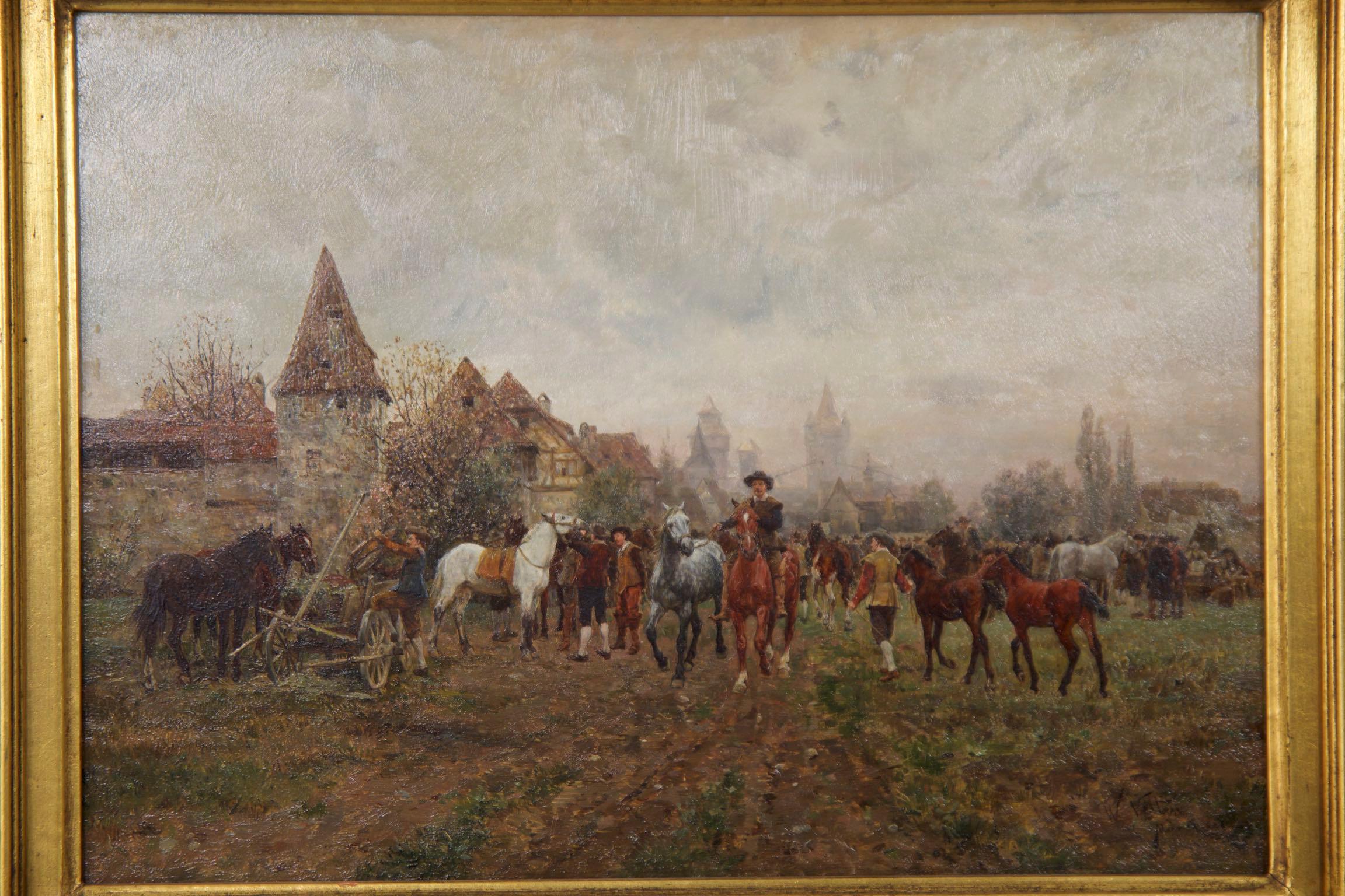 Typical of work by Velten, this small oil panel is tightly and precisely painted with such an exquisite level of detailing; it is a highly complex scene with nearly a dozen figures and nearly as many horses in the fore and mid-grounds. His paintings
