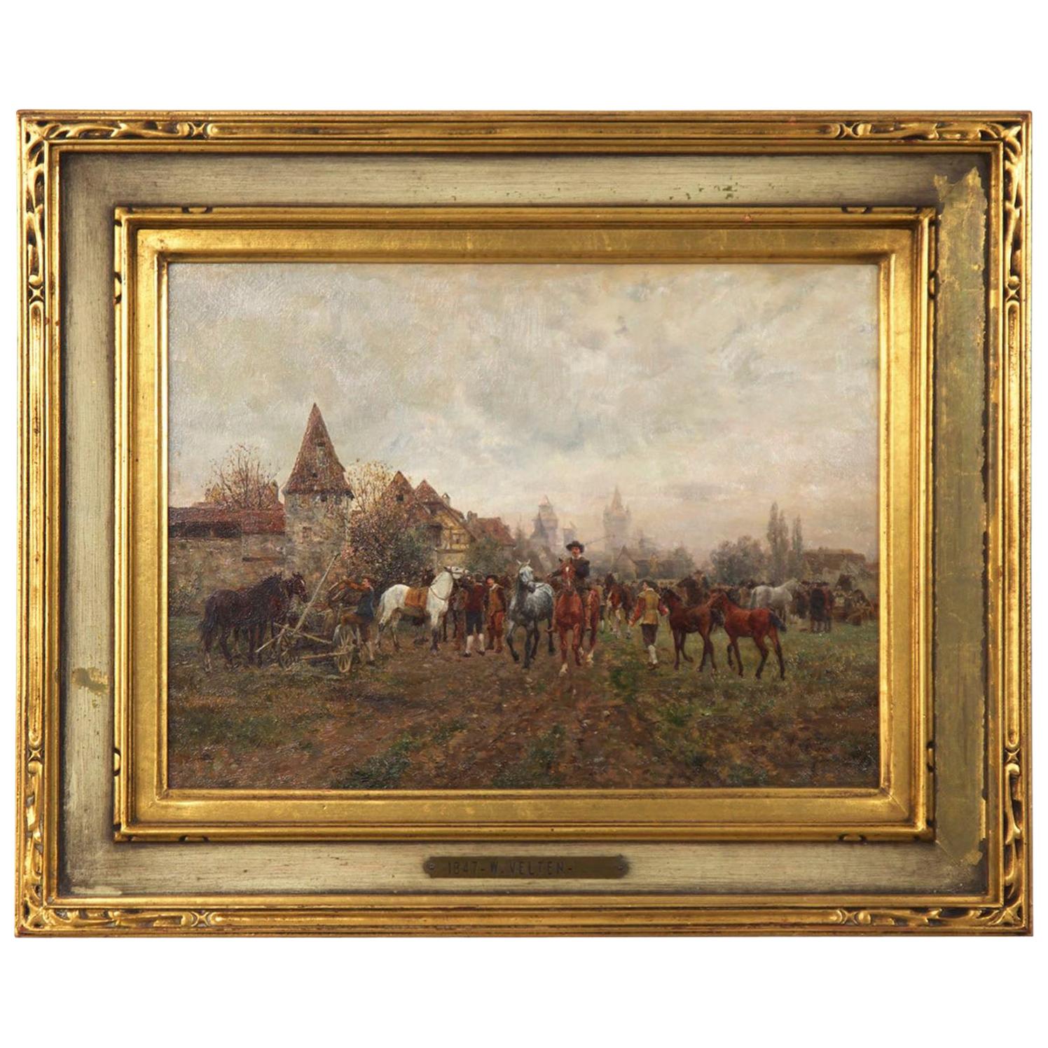 Wilhelm Velten 'Russian/German, 1847-1929' Antique Oil Painting “The Horse Fair"