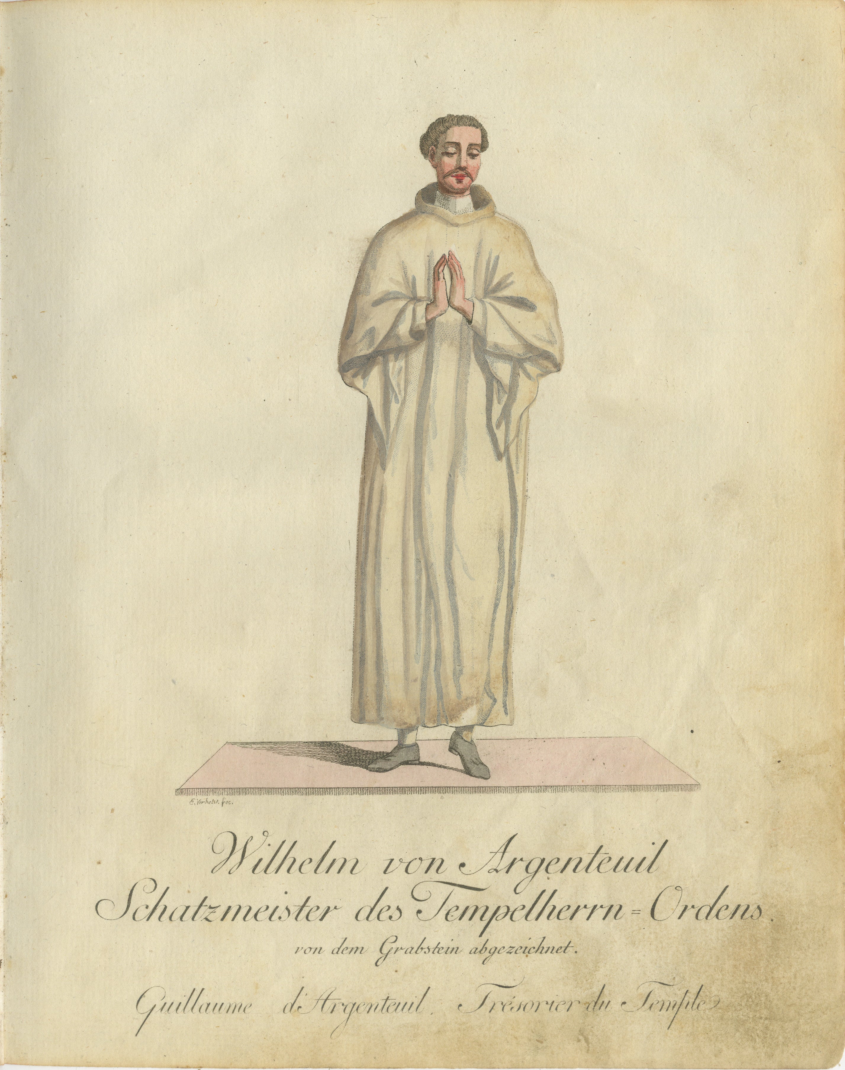 Wilhelm von Argenteuil: 1791 Handkolorierte Gravur des Templarschatzmeisters  

Dieser exquisite handkolorierte Kupferstich mit dem Titel 