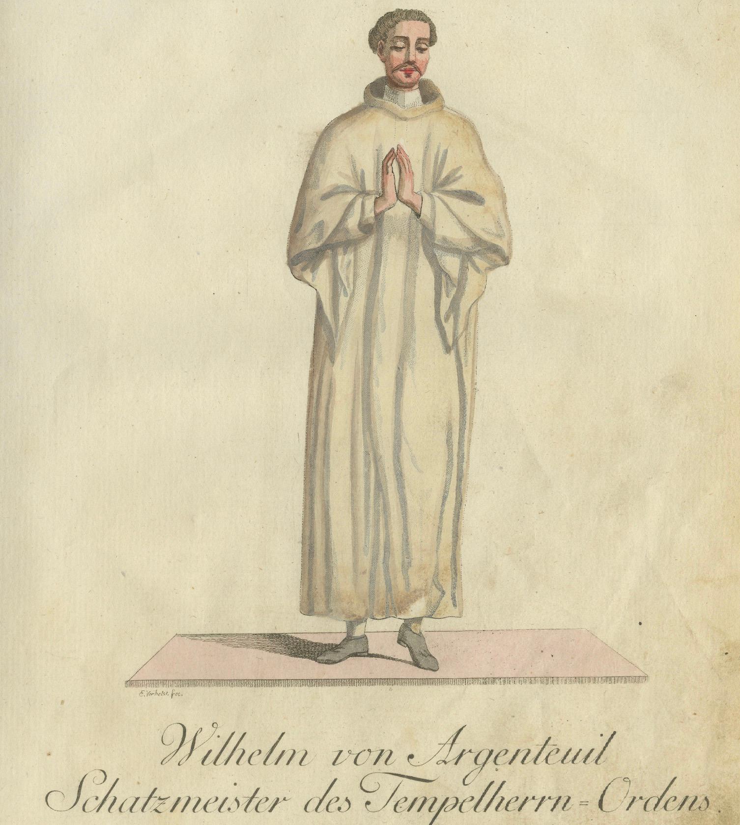 Wilhelm von Argenteuil: 1791 Handkolorierte Gravur des Templarschatzmeisters (Graviert) im Angebot