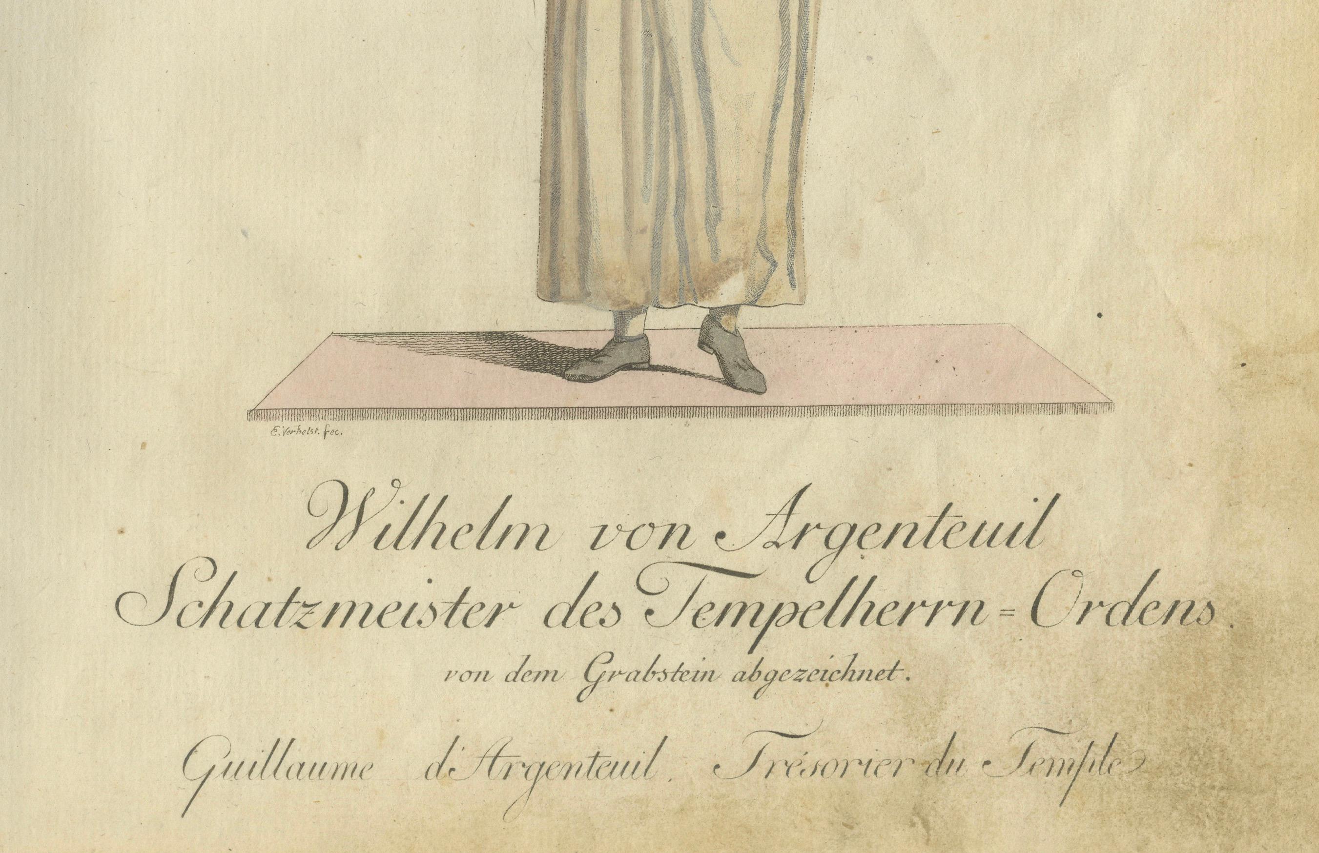 Wilhelm von Argenteuil: 1791 Handkolorierte Gravur des Templarschatzmeisters im Zustand „Gut“ im Angebot in Langweer, NL