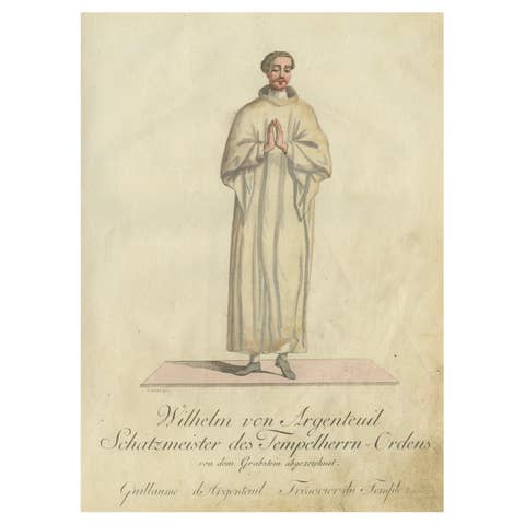 Wilhelm von Argenteuil: 1791 Hand-Colored Engraving of Templar Treasurer