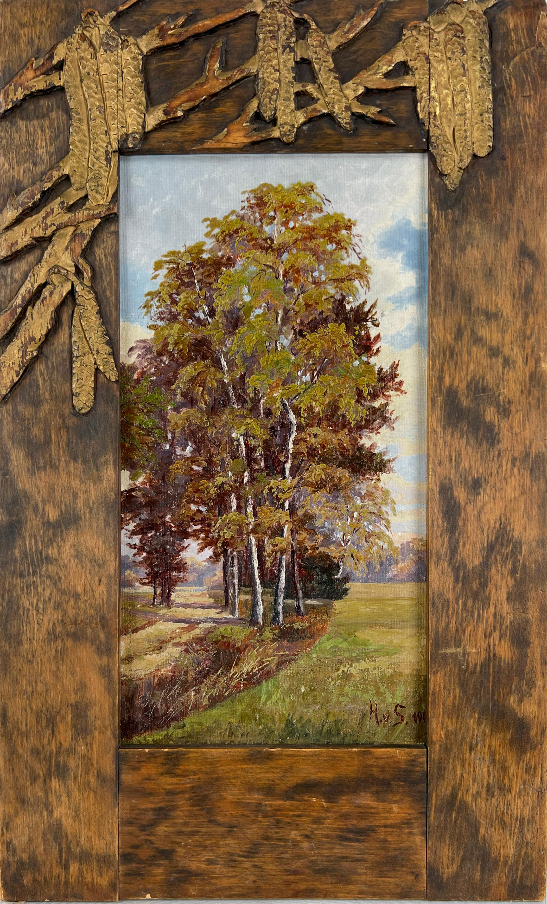 Landscape Painting di Wilhelm Von Heydebrand - Paesaggio austriaco e cornice in legno intagliato Olio su tela 1905 Goetheanum Designer