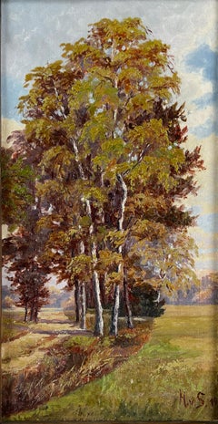 Austrian Landscape Oil on Linen 1905 Goetheanum Designer Hand Carved Wood Frame