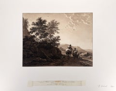 Paisaje con viajeros y perros en un sendero