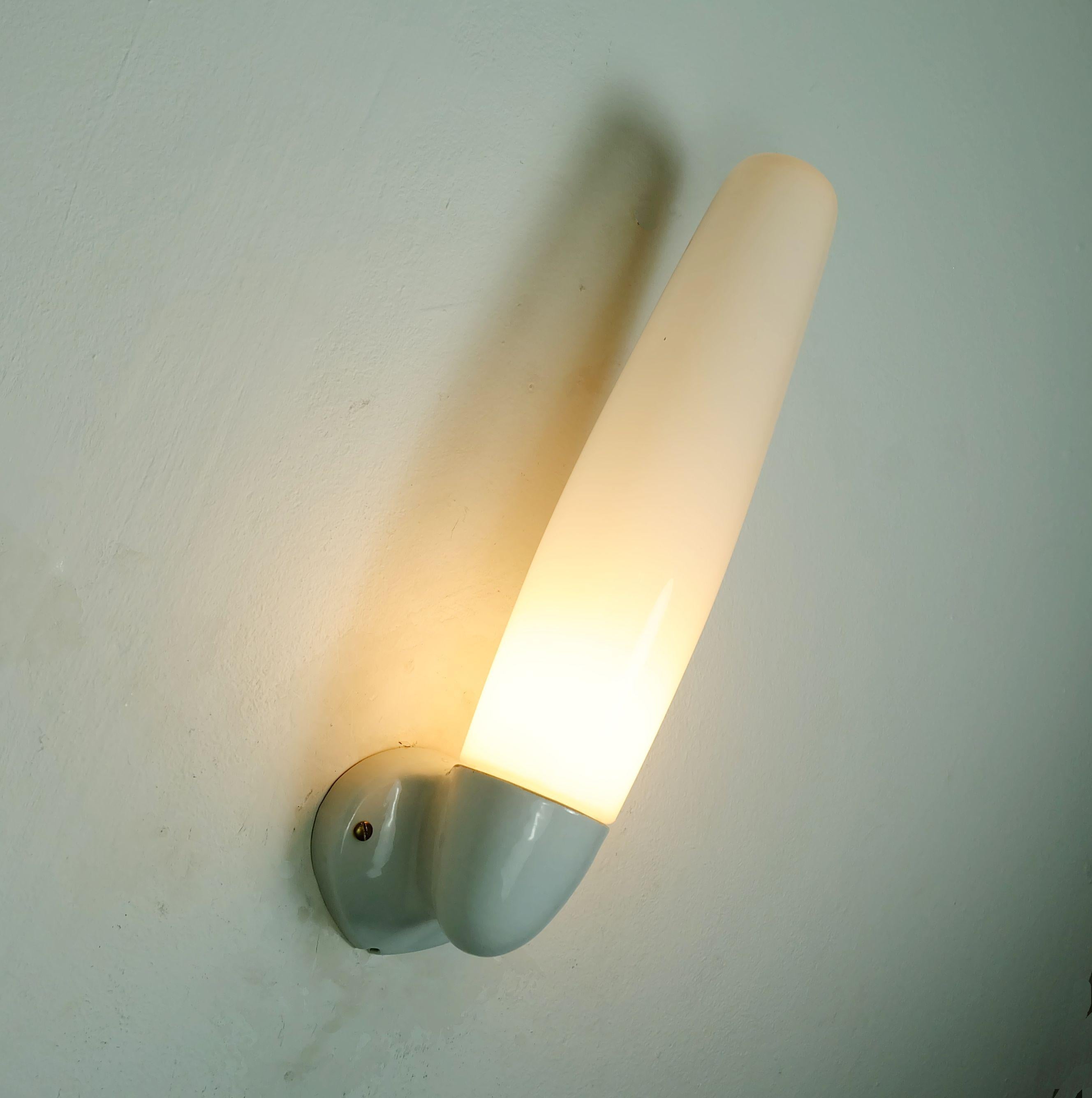 German wilhelm wagenfeld SCONCE ceramic and opaline glass 1955 bathroom lamp For Sale