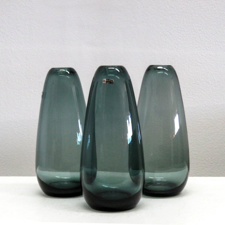 Elegant 'Turmalin' series by Wilhelm Wagenfeld for WMF, blown and cold cut-glass vases, marked.