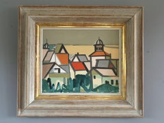 Mid Century Swedish Geometric Landscape Oil Painting - Where Houses Gather