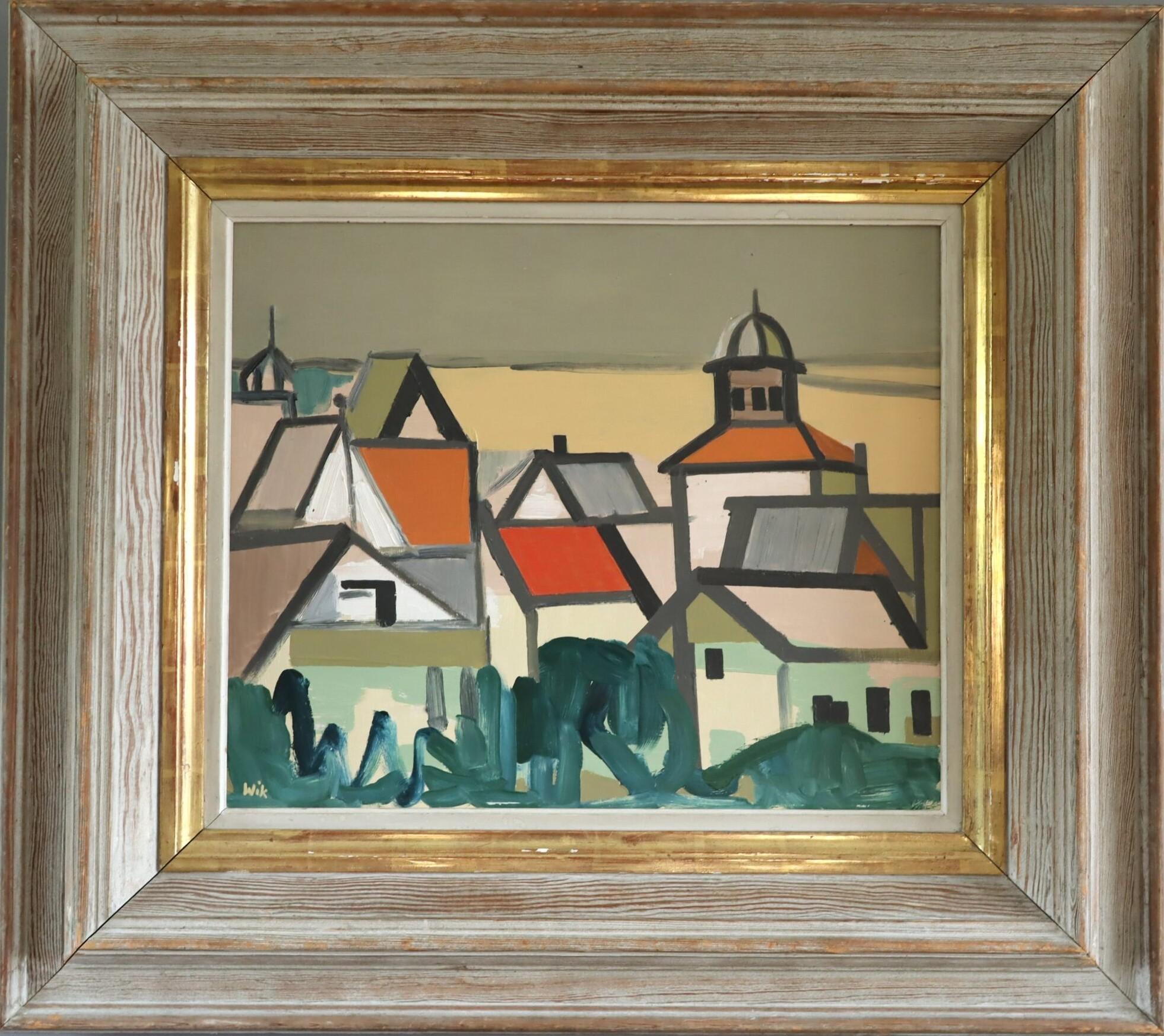 Peinture à l'huile de paysage géométrique suédois du milieu du siècle - Where Houses Gather