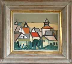Mid Century Swedish Geometric Landscape Oil Painting - Where Houses Gather