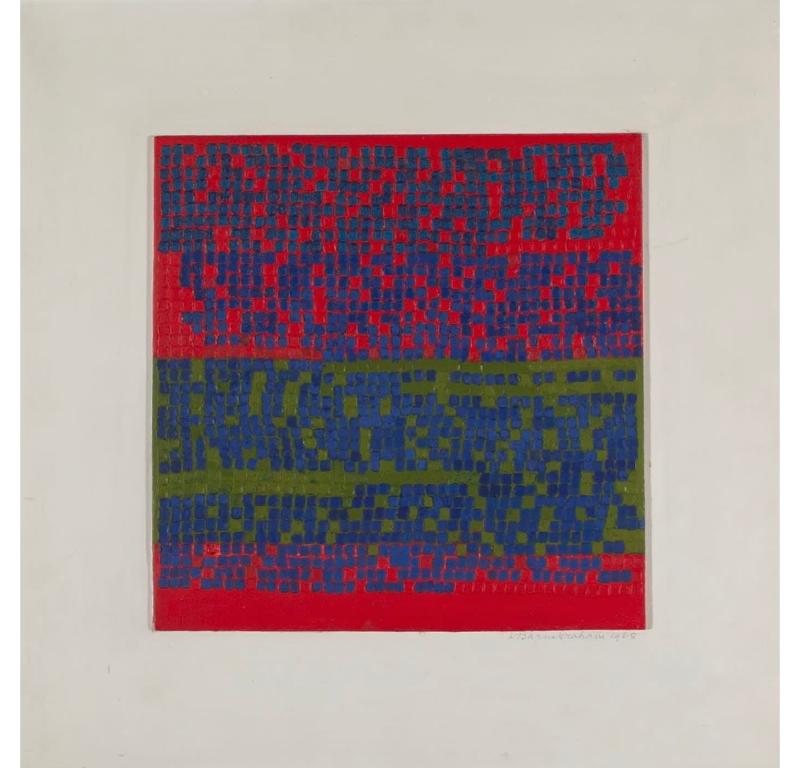 Abstract Painting di Wilhelmina Barns-Graham - L.P. IV (Blu su Rosso + Verde), Pittura a olio e cristalli su tavola, 1968