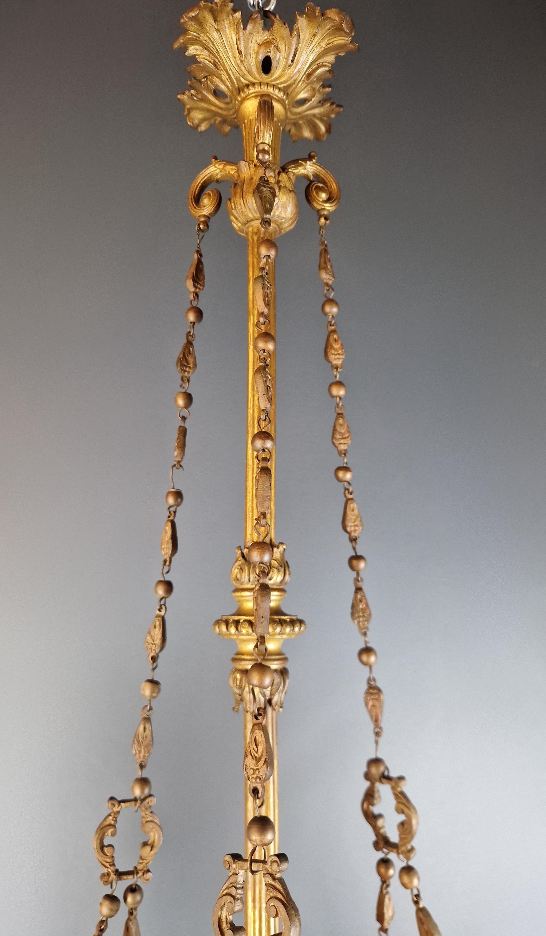Wilhelminian style beads crystal chandelier flowers glass antique brass For Sale 3